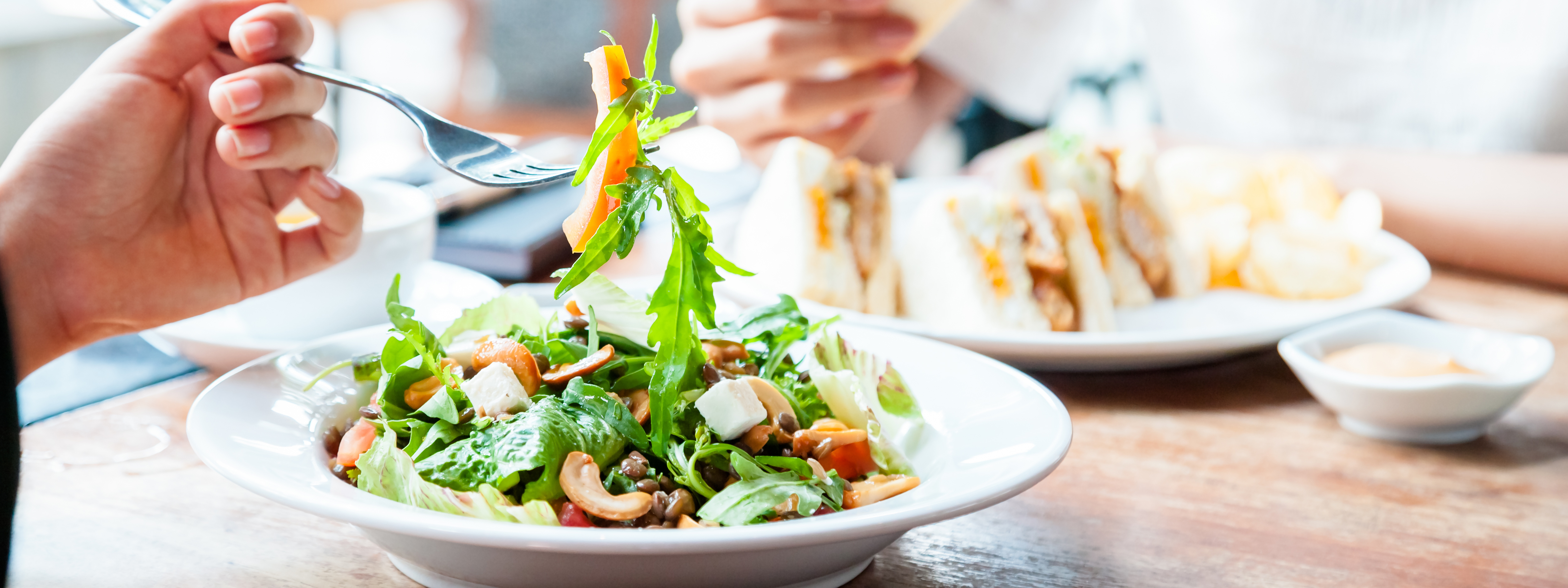Bild på tallrik med sallad och en person som håller i en gaffel