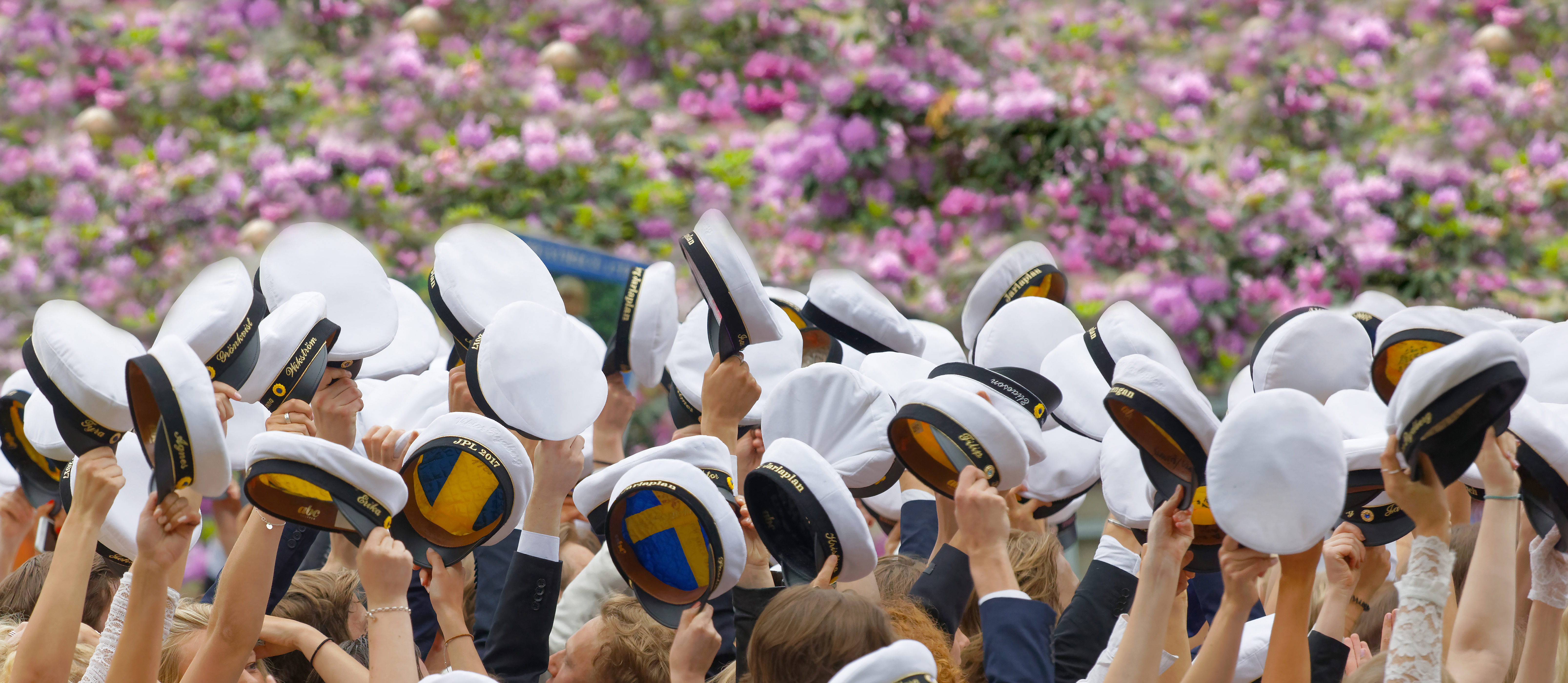 Personer som håller i studentmössa i över huvudet