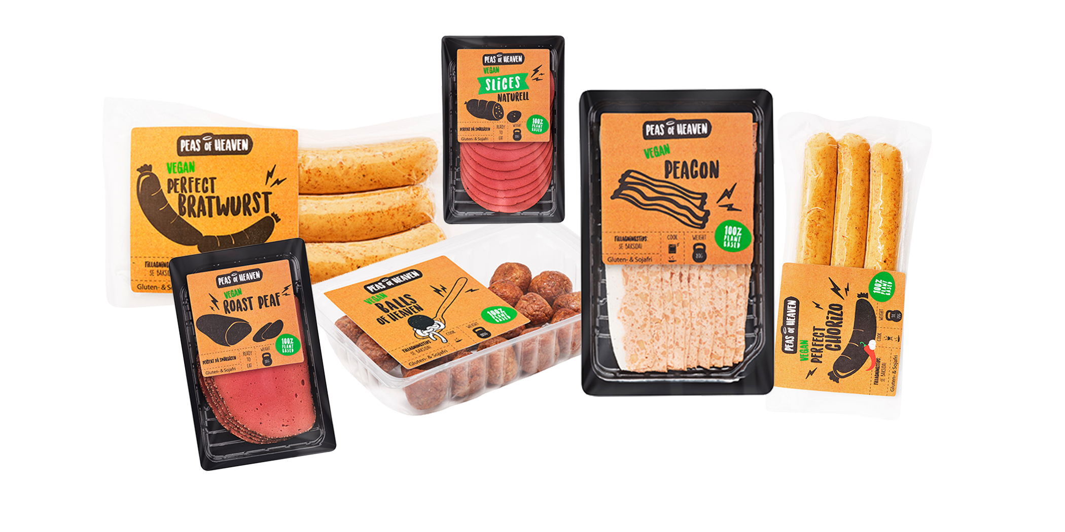 sex olika veganska produkter från Peas of heaven