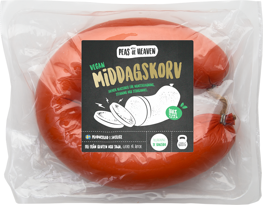 Ring med middagskorv i plastförpackning med Peas of heavens logga på där det står middagskorv i guldiga bokstäver och en bild på en korv i svart och vitt.