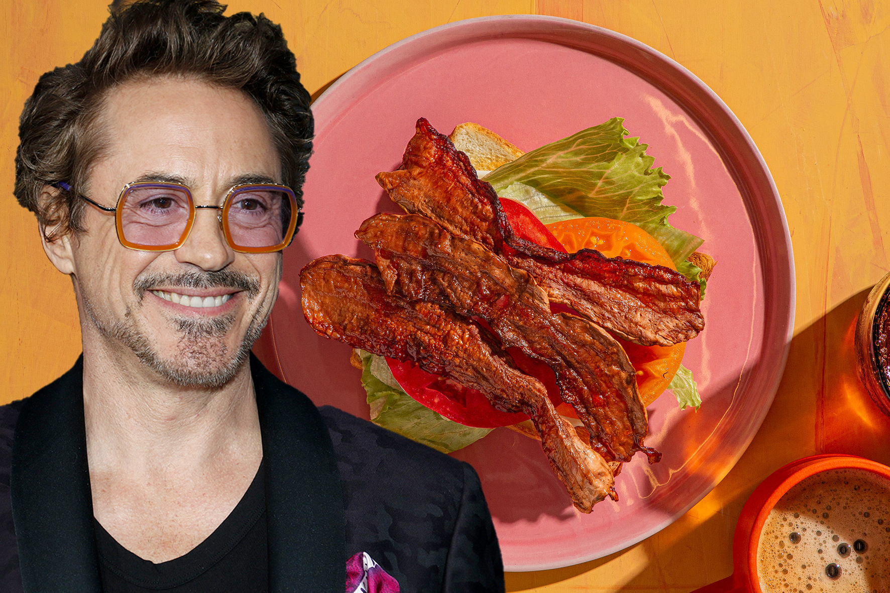 robert downey jr vegansk bacon på rosa tallrik
