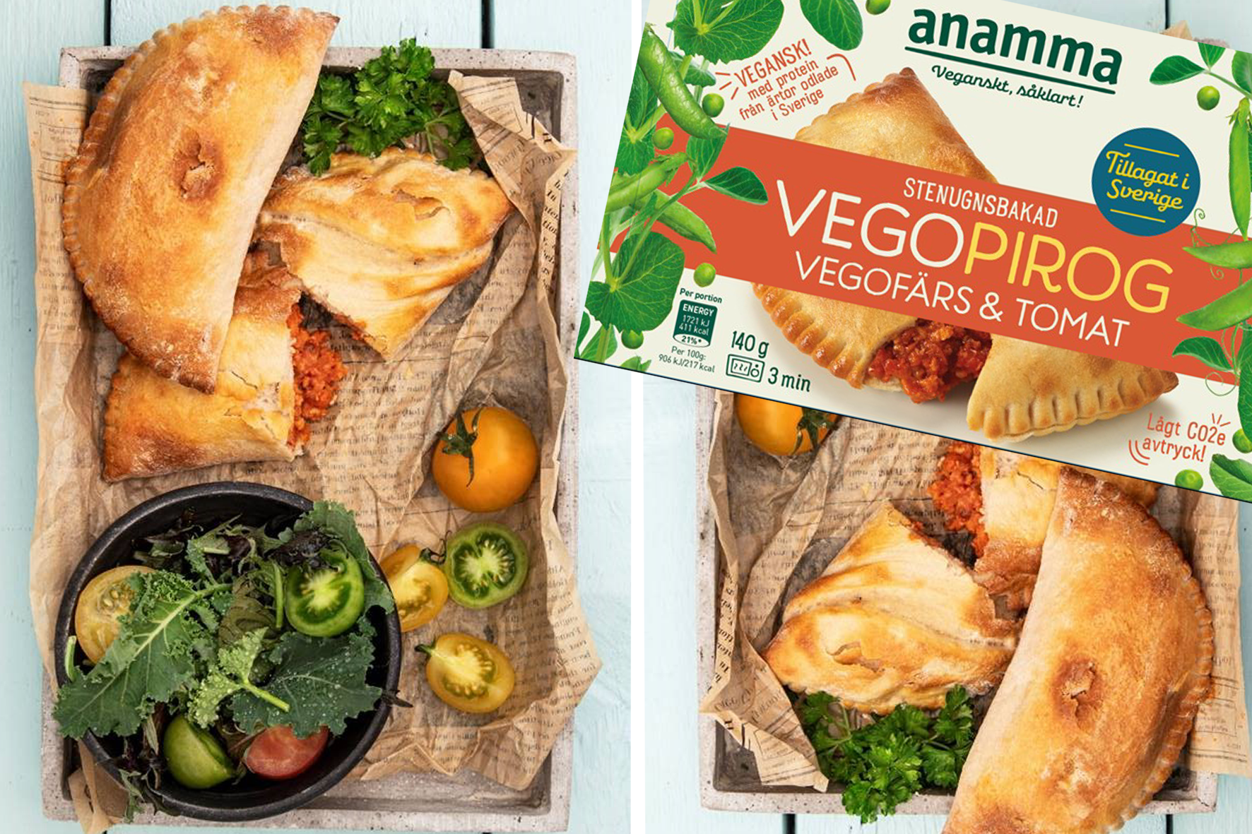 Anamma piroger på ett fat med en bild på pirog i dess förpackning