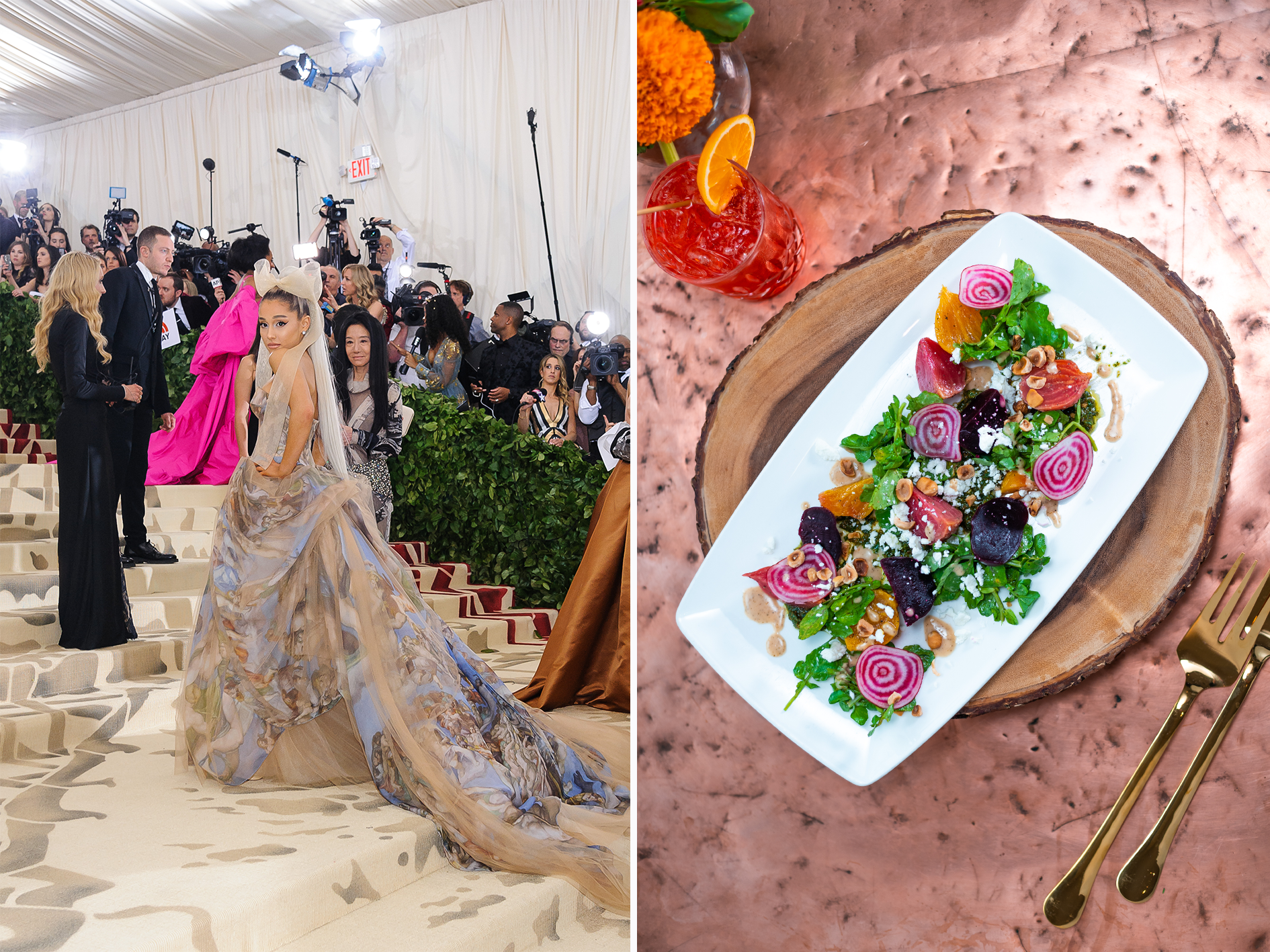 met-galan där ariana grande gör entré med en vegansk lyxrätt på en bild bredvid