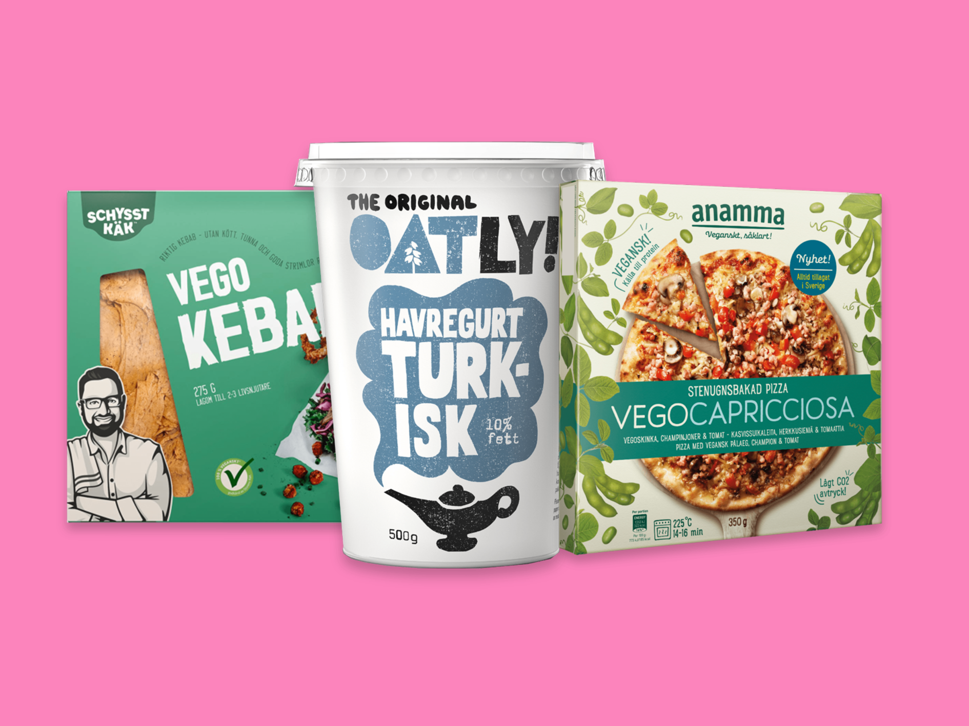 Vegokebab, havegurt och vegopizza mot rosa bakgrund