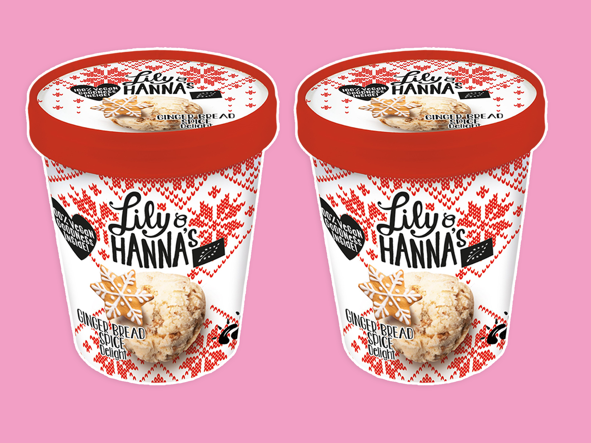 Två runda kartongbyttor med Gingerbread Spice Delight-glass från Lily &amp; Hanna, mot rosa bakgrund.