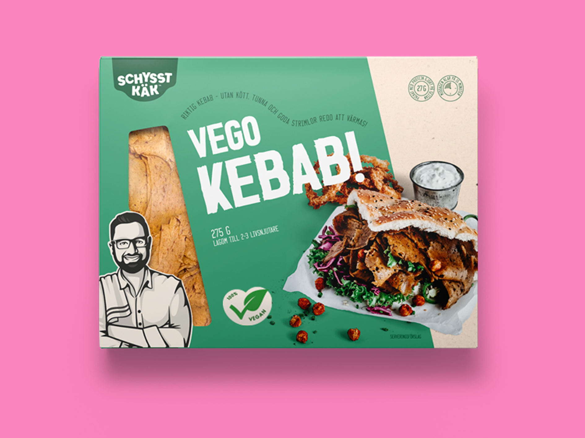 Förpackning med vegokebab från Schysst käk, mot rosa bagrund