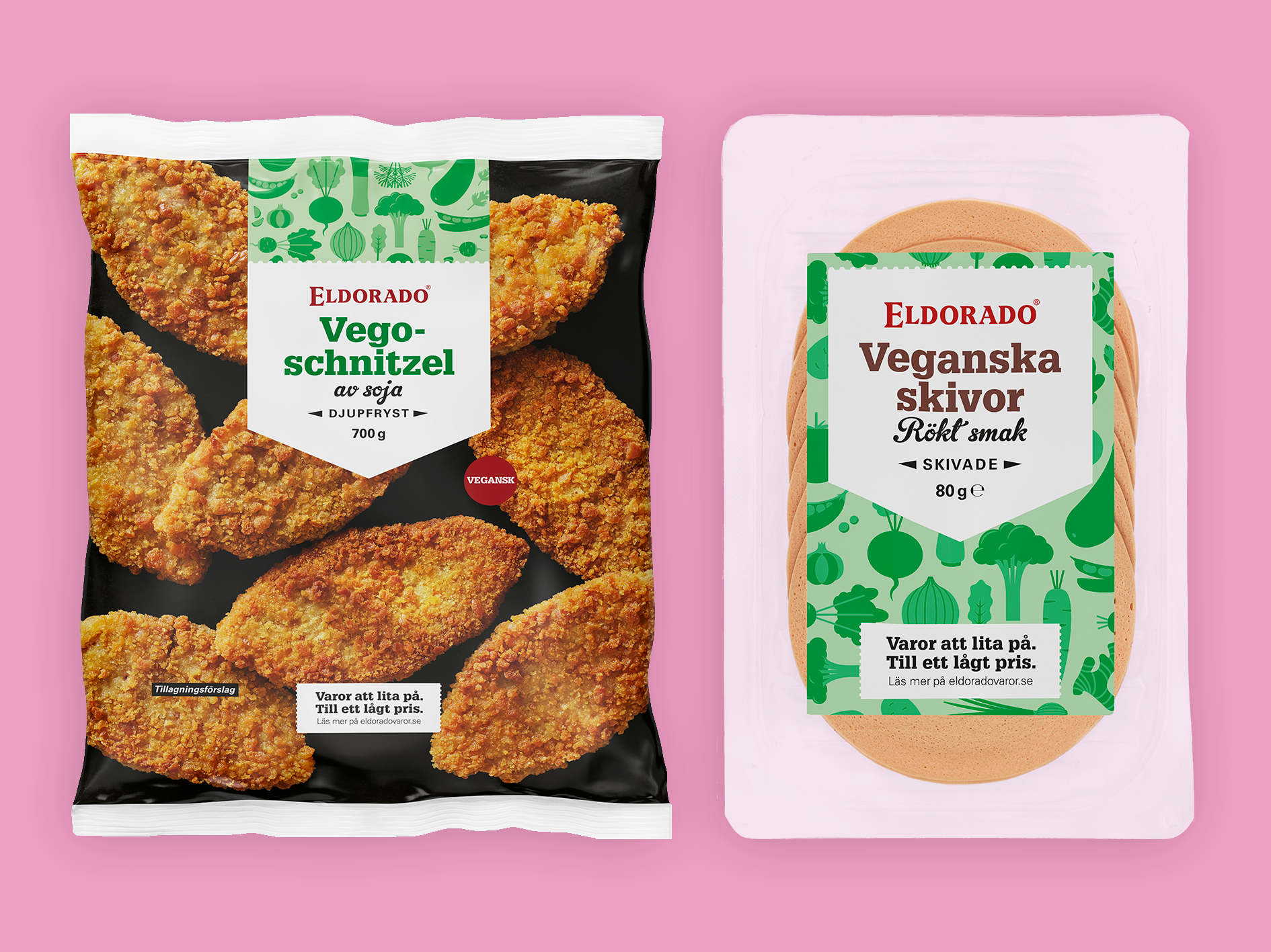 Vegoschnitzel och Veganska skivor Rökt smak från Eldorado, i förpackningar mot rosa bakgrund.