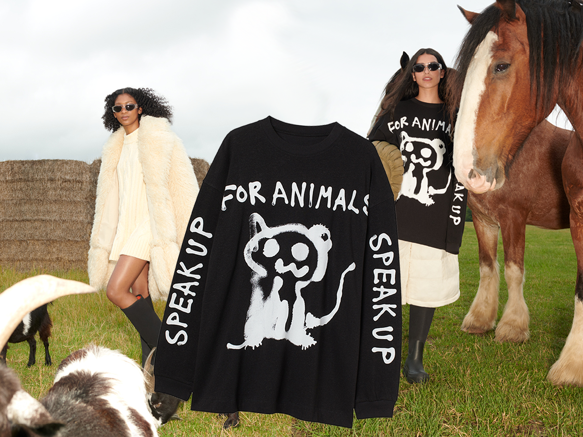 Modefoton från kollektionen Co-Exist Story, samt inklippt tröja med texten "Speak up for animals"