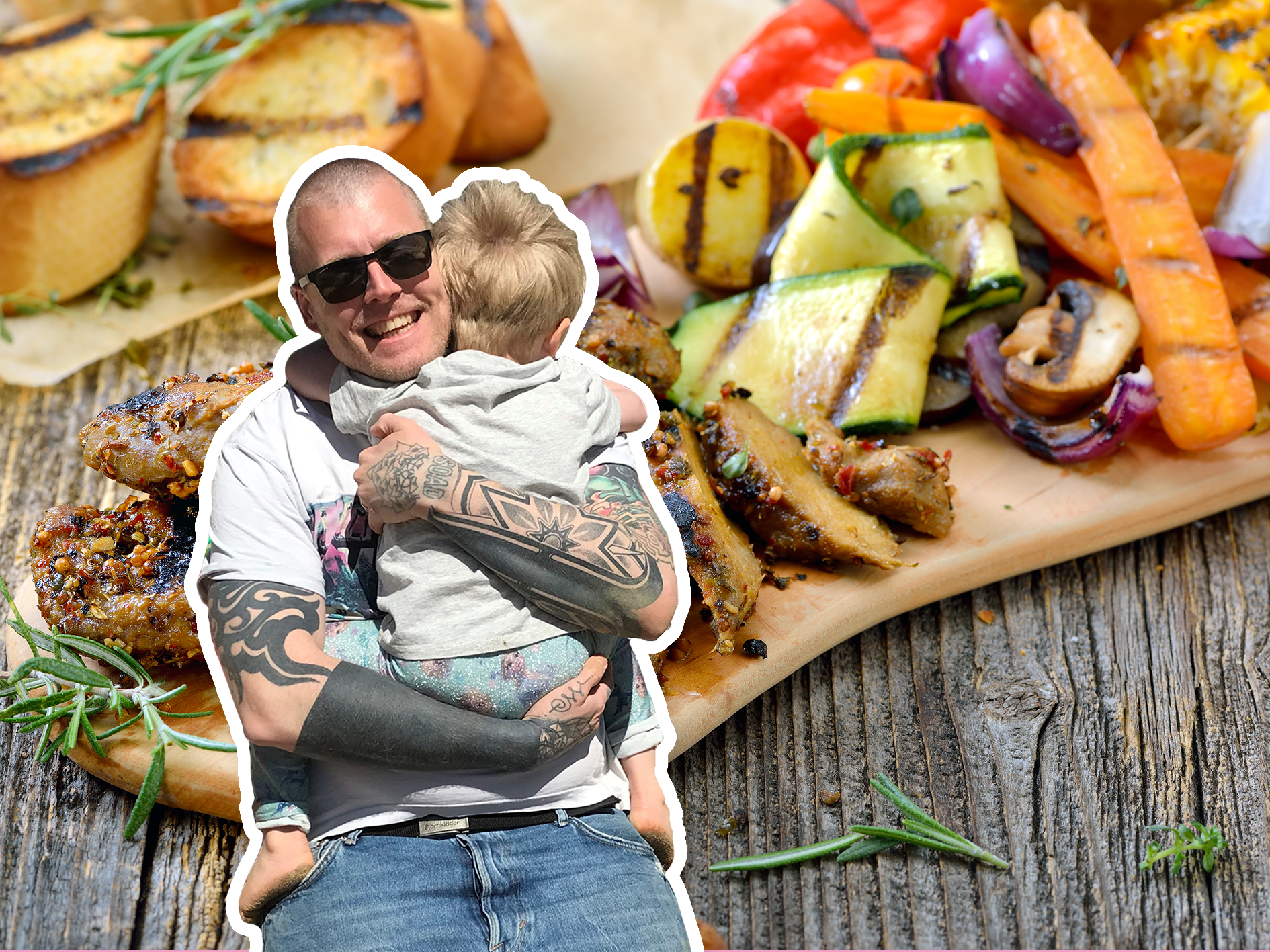 Elias Lacanne a.k.a. AwesomeVeganDad och son, inklippta mot bakgrund av seitan och grillade grönsaker.
