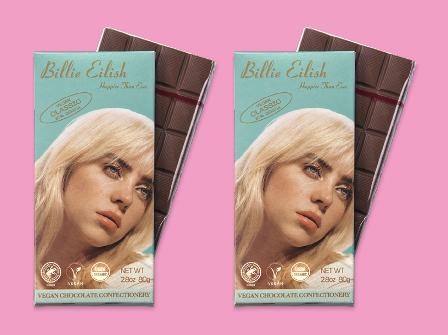 Veganska chokladkakan Happier than ever med Billie Eilish ansikte på förpackningen