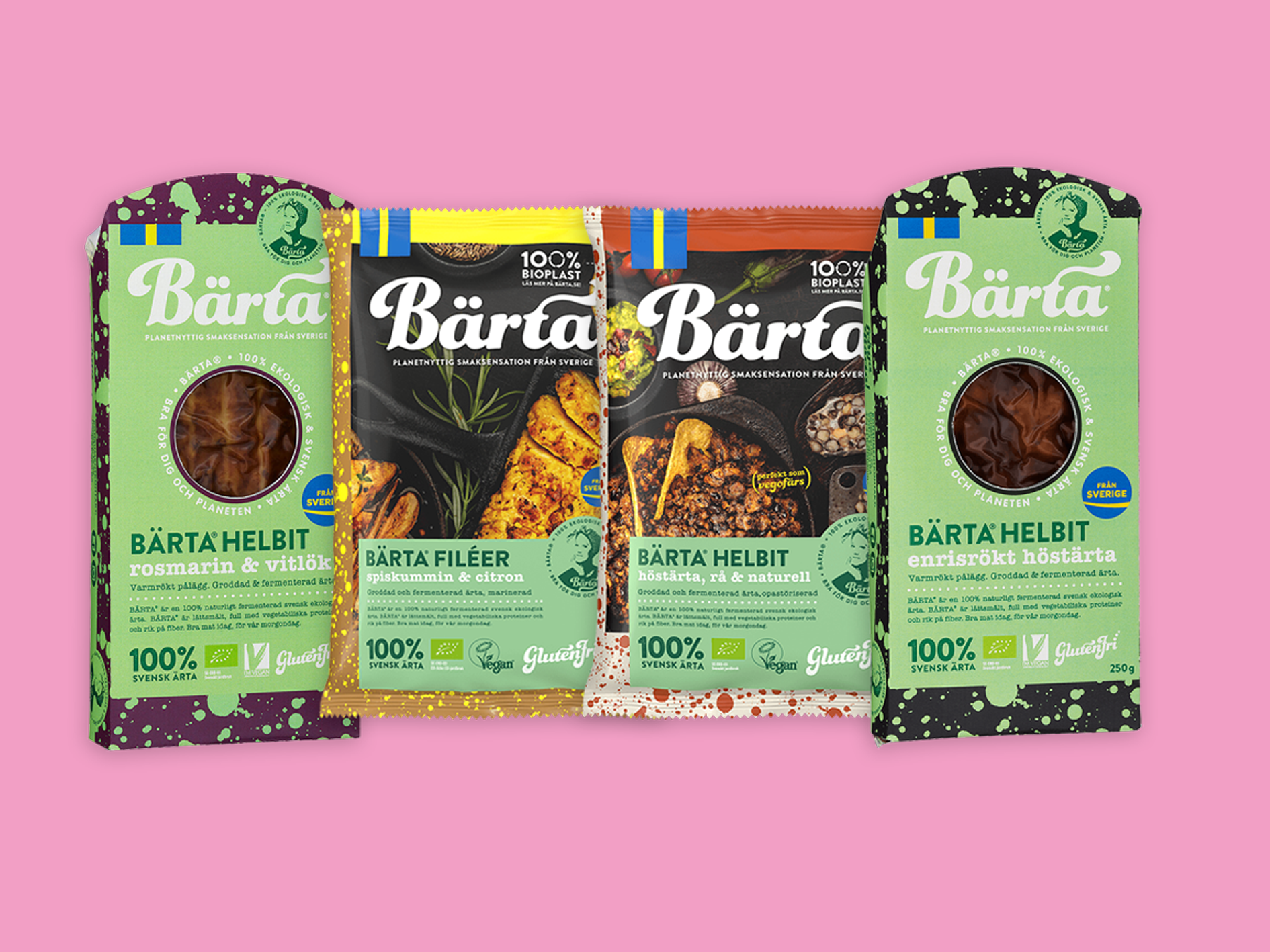 Fyra nya produkter från Bärta på rad, mot rosa bakgrund