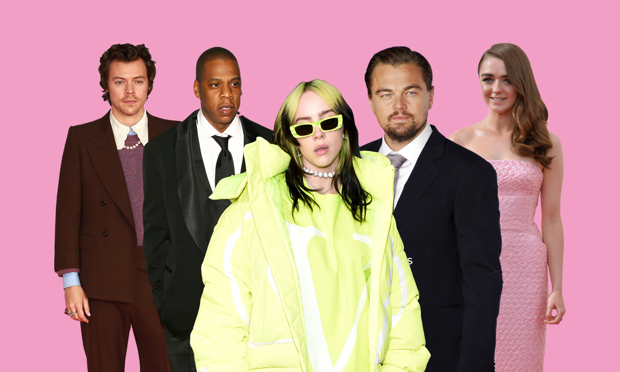 Från vänster: Harry Styles, Jay-Z, Billie Eilish, Leonardo DiCaprio, Maisie Williams.