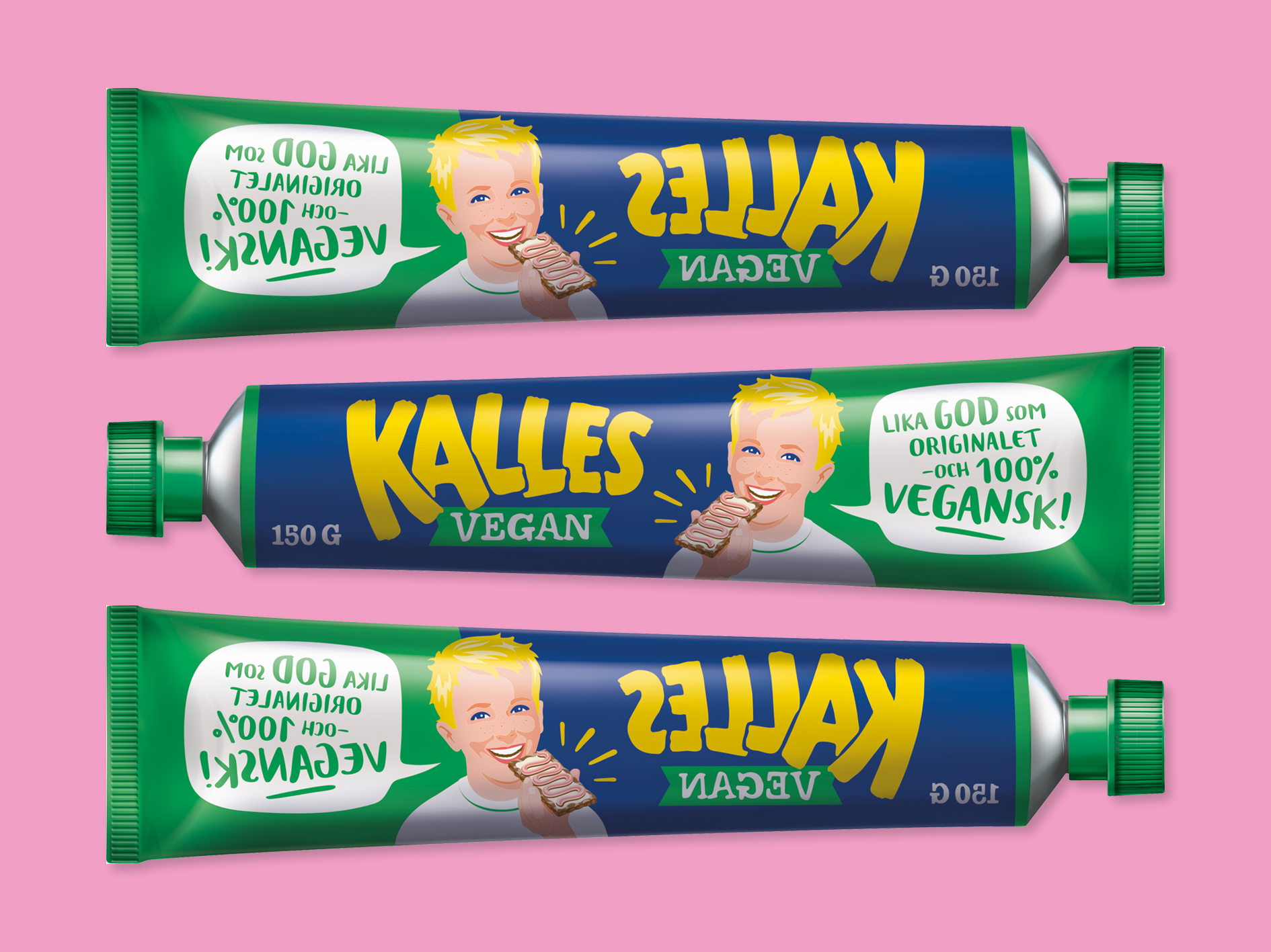 Tre stycken Kalles Vegan, i förpackning, mot rosa bakgrund.