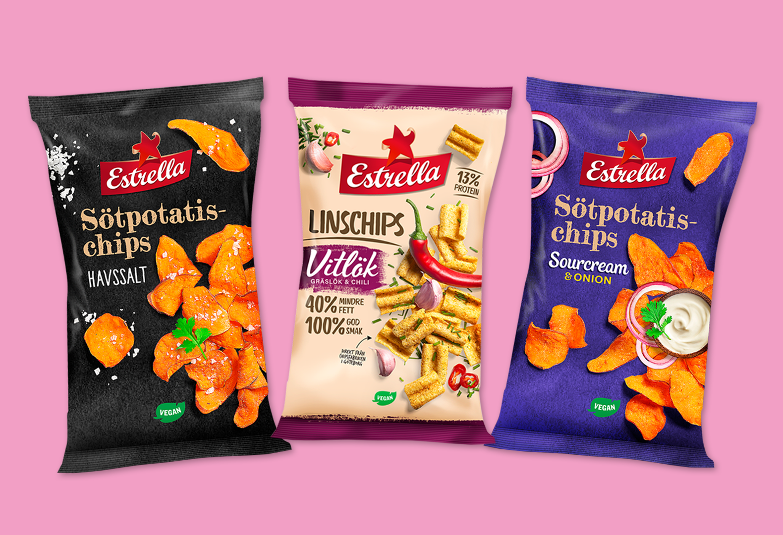 Tre nya sorters chips från Estrella, i förpackning mot rosa bakgrund