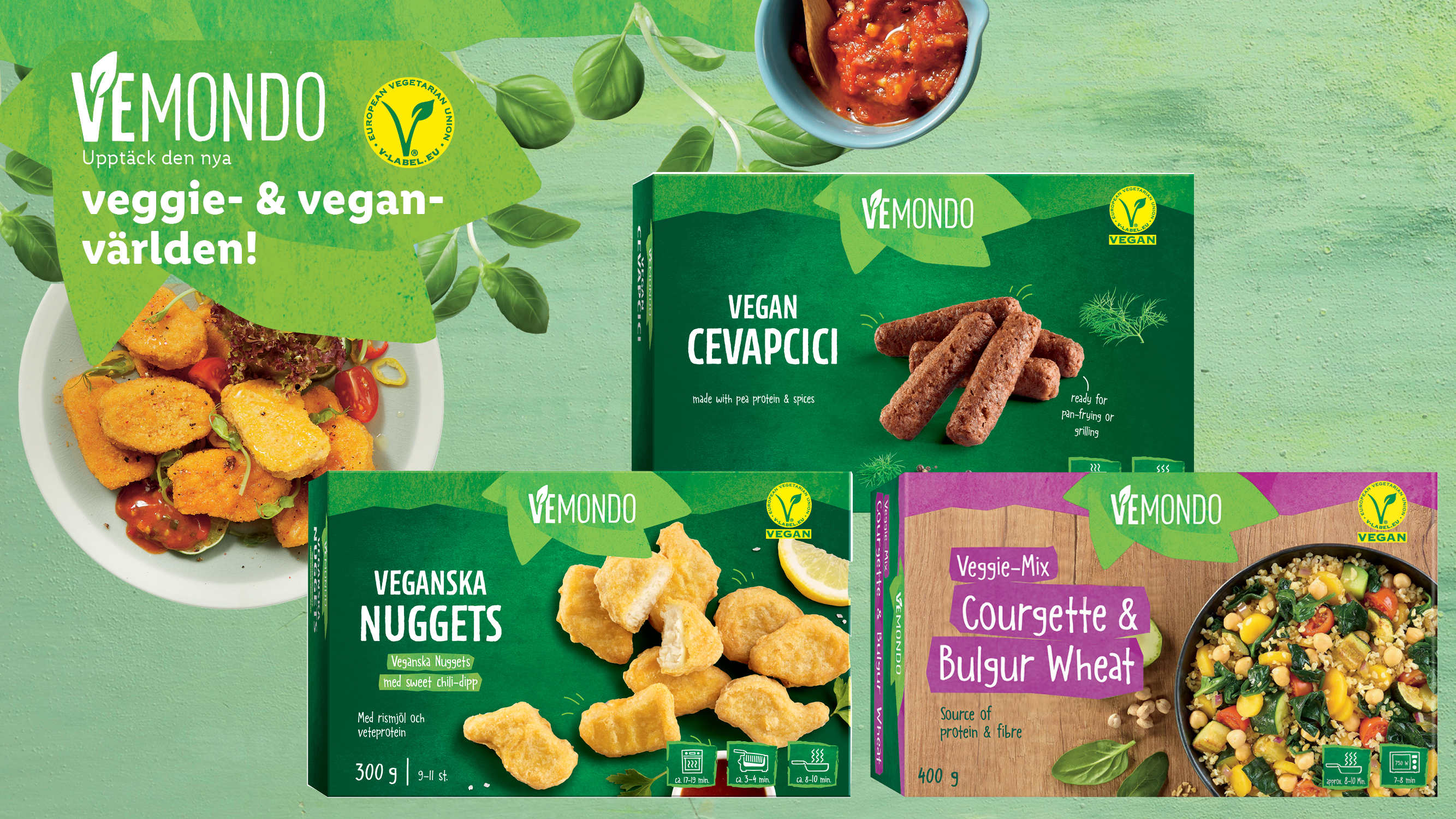 Veganska produkter från Vemonod/Lidl i förpackning, mot grön bakgrund med texten "Upptäck den nya veggie- och veganvärlden!"