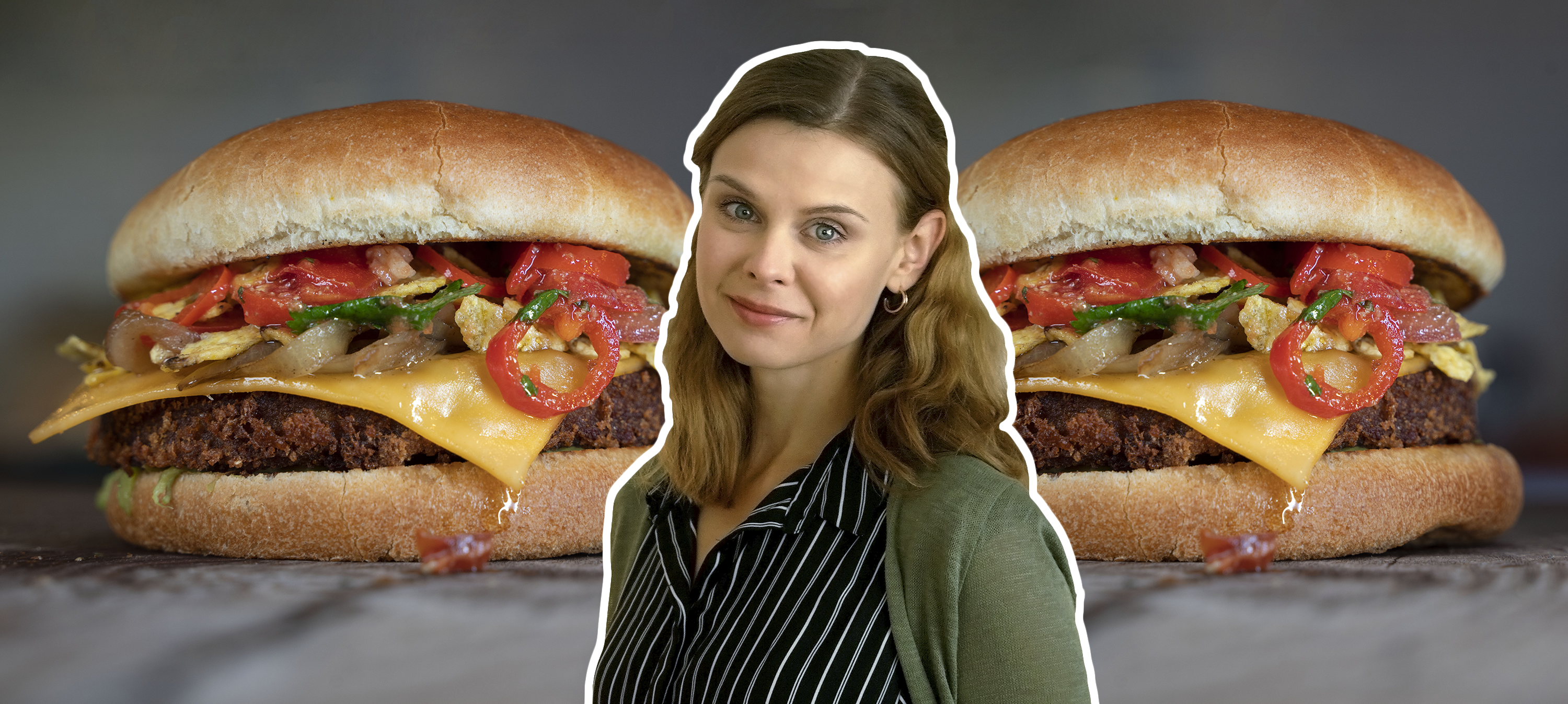BORES veganska "månadens burgare" Vegan FriYay, med Välj Vegos redaktör Matilda Andersson inklippt i bild.