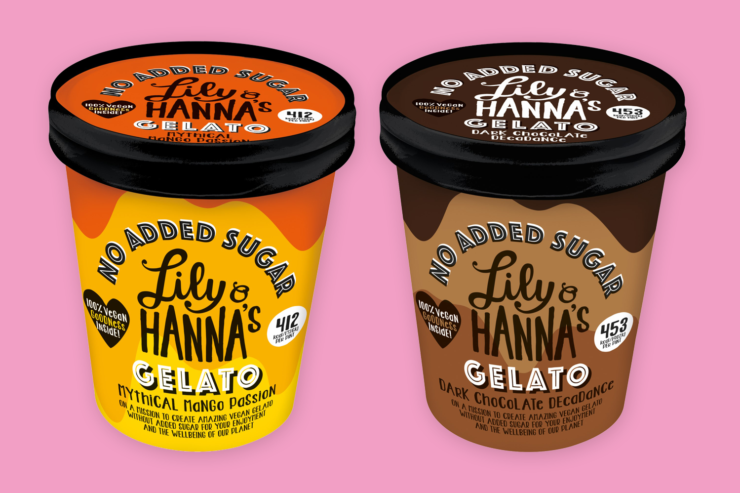 Lily &amp; Hanna's veganska gelato utan tillsatt socker, i smakerna Dark Chocolate Decadence och Mythical Mango Passion