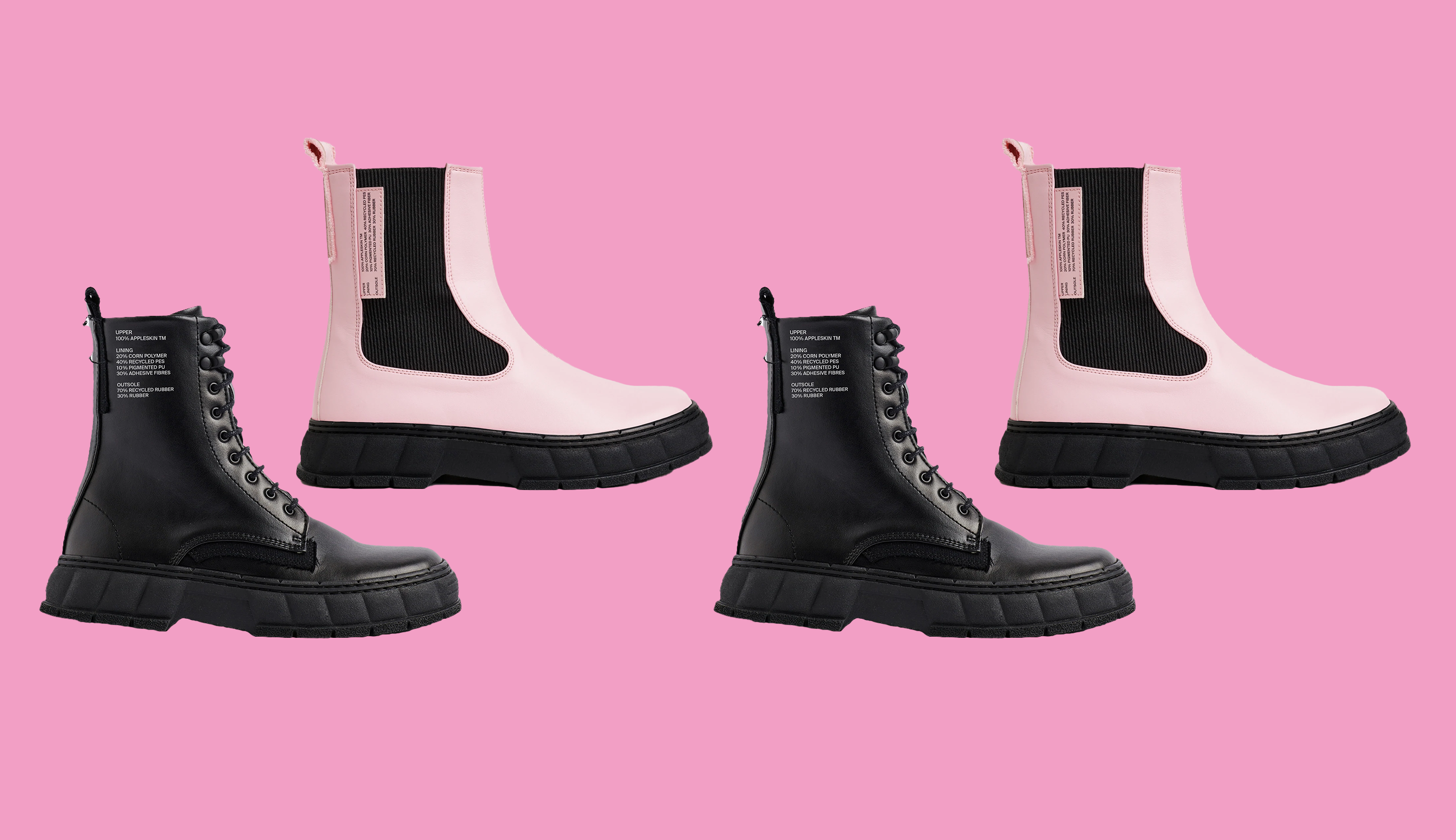 Uppradade kängor i svart och rosa mot en rosa bakgrund