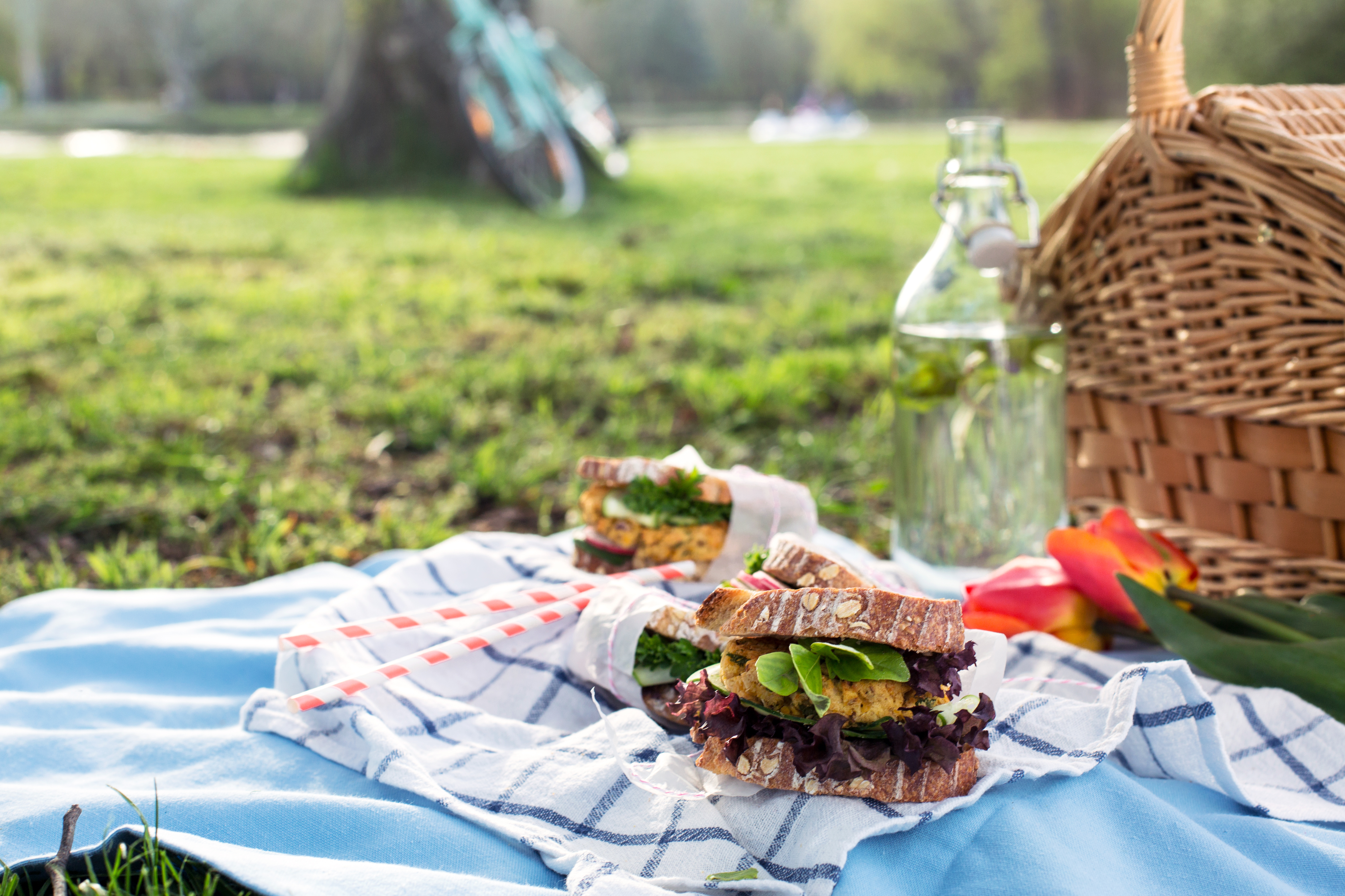 Vegansk macka på picknickfilt med picknickkorg i bakgrunden.