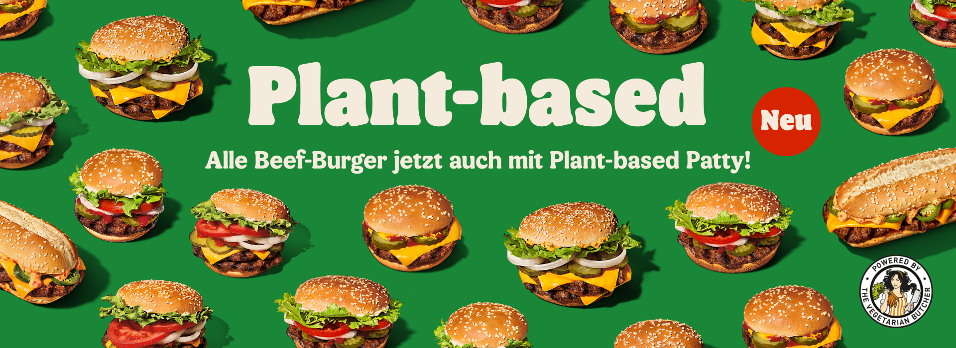 Växtbaserade hamburgare utspridda på en grön bakgrund.