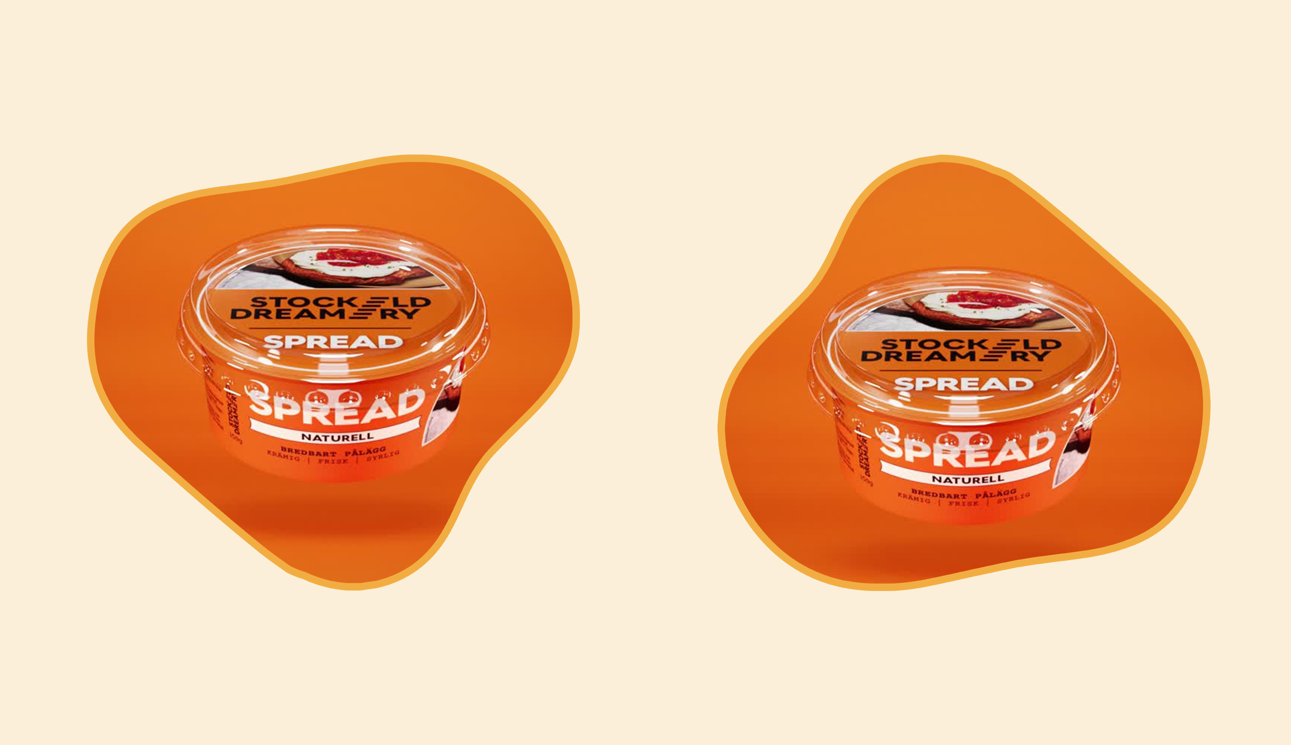 Två ojämna former med en organge växtbaserad cream cheese i varje form på en ljusgul bakgrund.