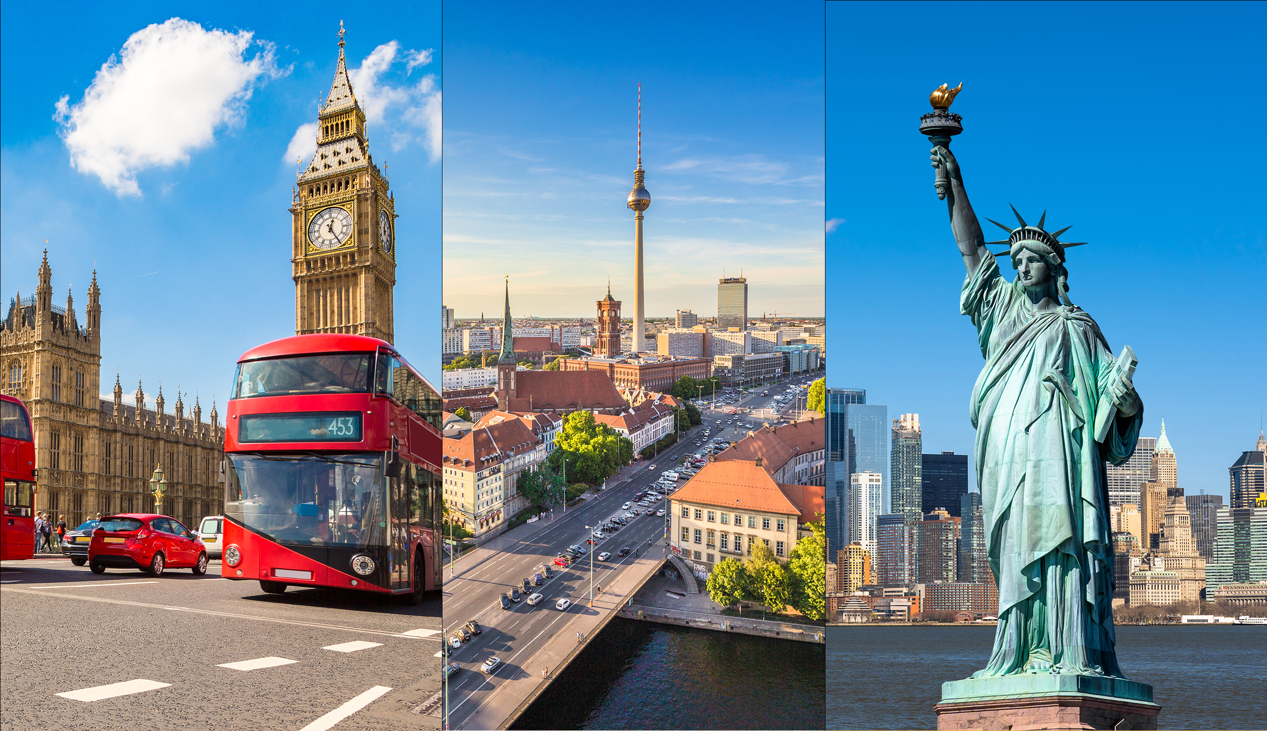 Översiktsvyer på London, Berlin och New York.
