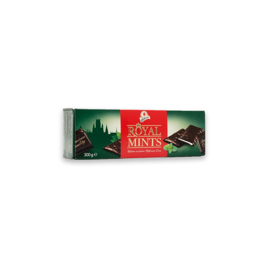 Veganska after eight liknande chokladbitar i en box mot en vit bakgrund