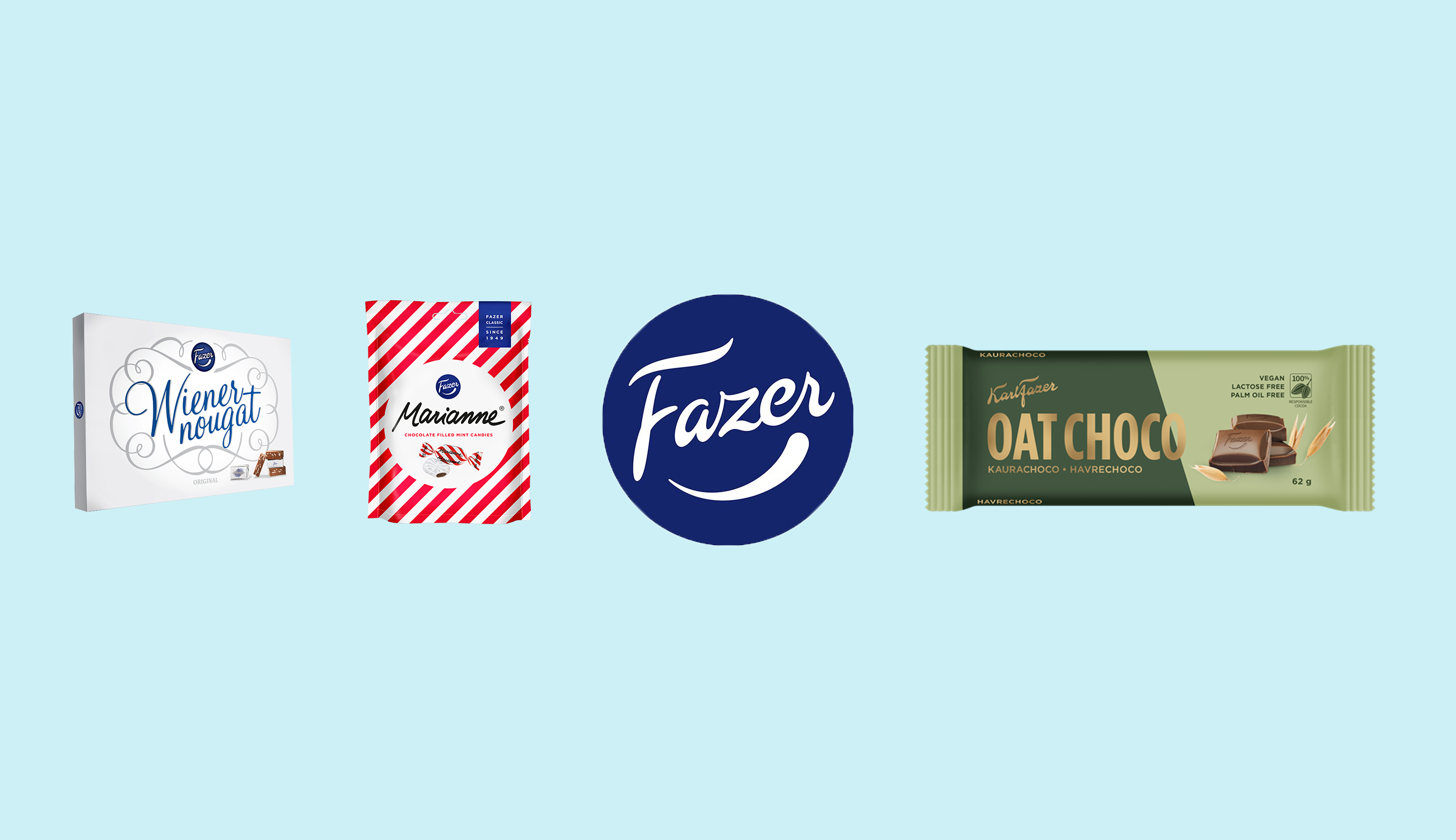 Fazers olika veganska chokladprodukter uppradade mot en ljusblå bakgrund