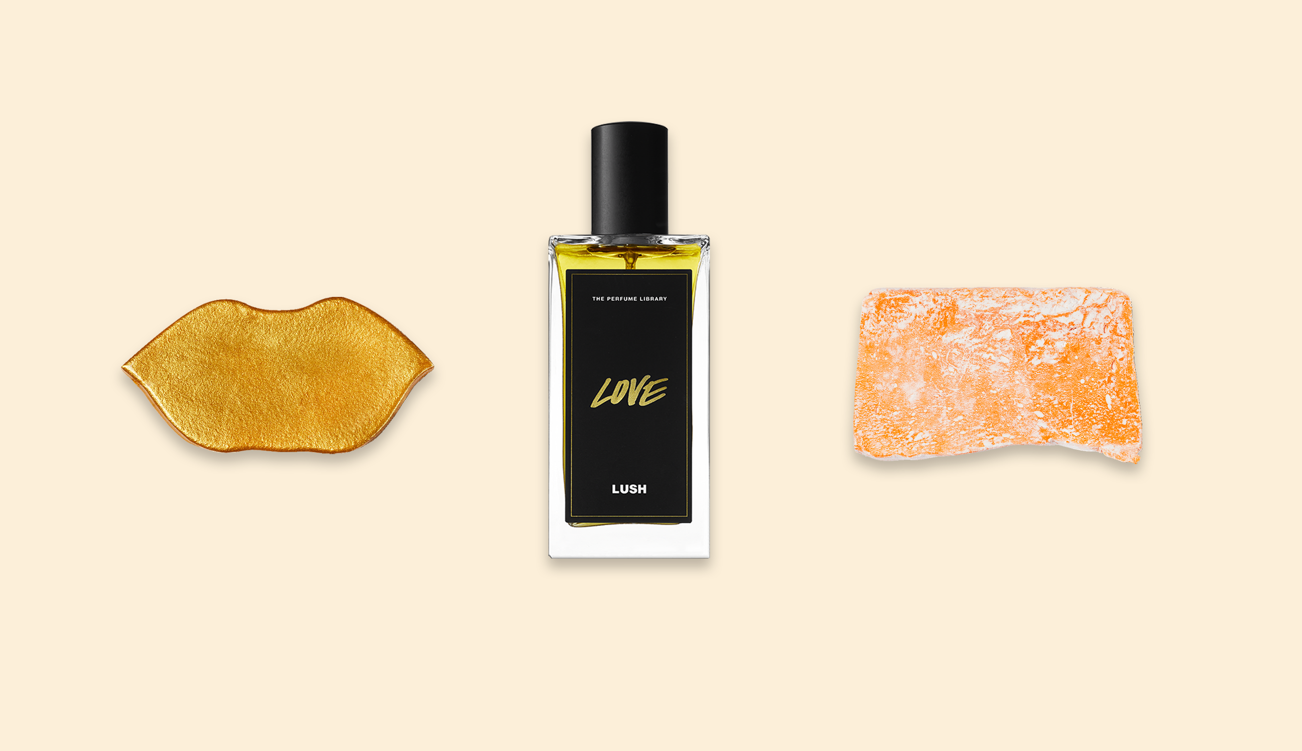 En läppmask i guld, en parfymflaska och en ljusorange tvål uppradade mot en ljusgul bakgrund