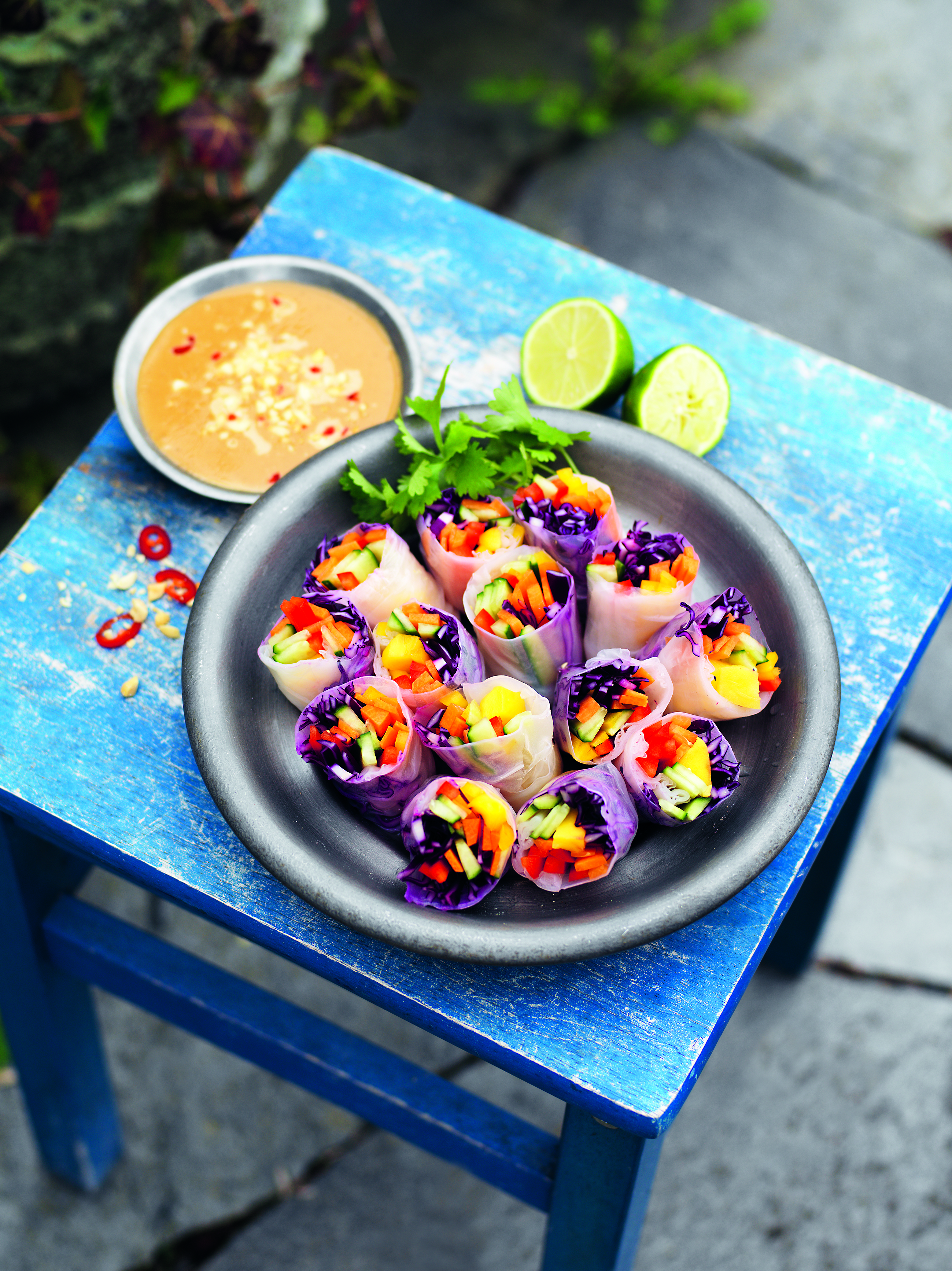 Vietnamesiska vårrullar i ett fat på ett turkost bord ute i naturen
