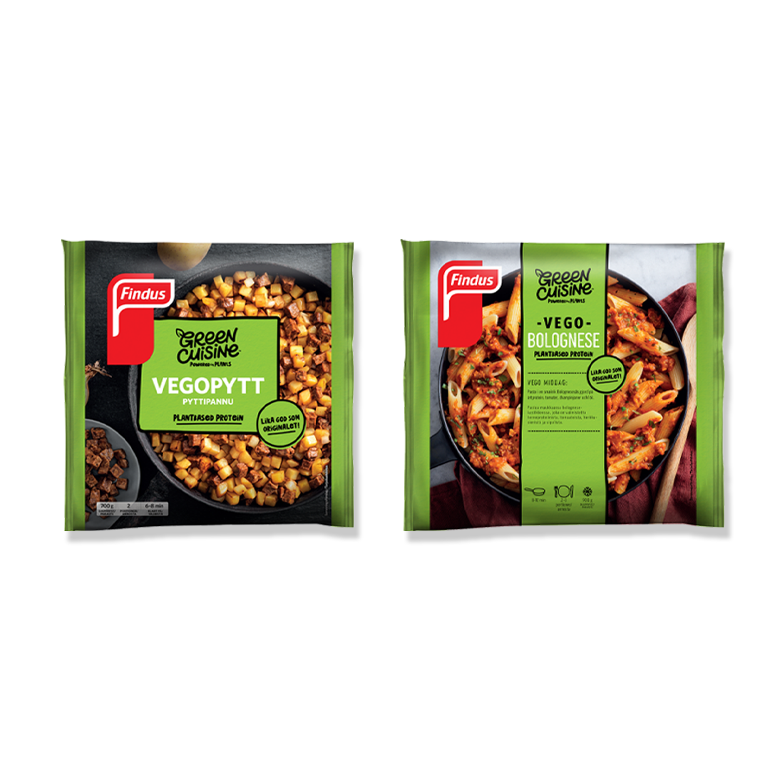 en påse vegopytt och en påse vegobolognese mot en vit bakgrund
