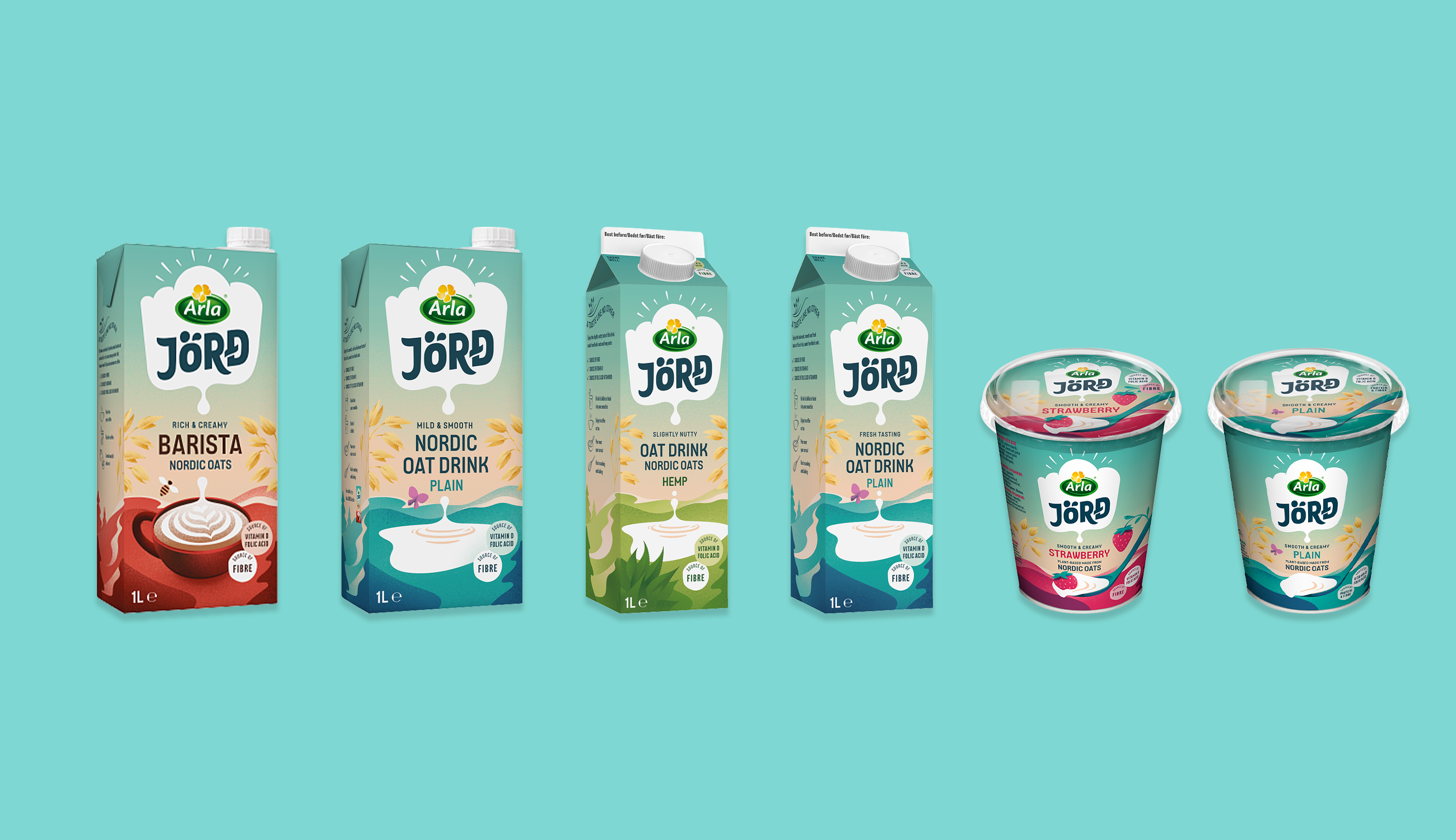 6 förpackningar med havrebaserade växtdrycker och yoghurts uppradade mot en vit bakgrund