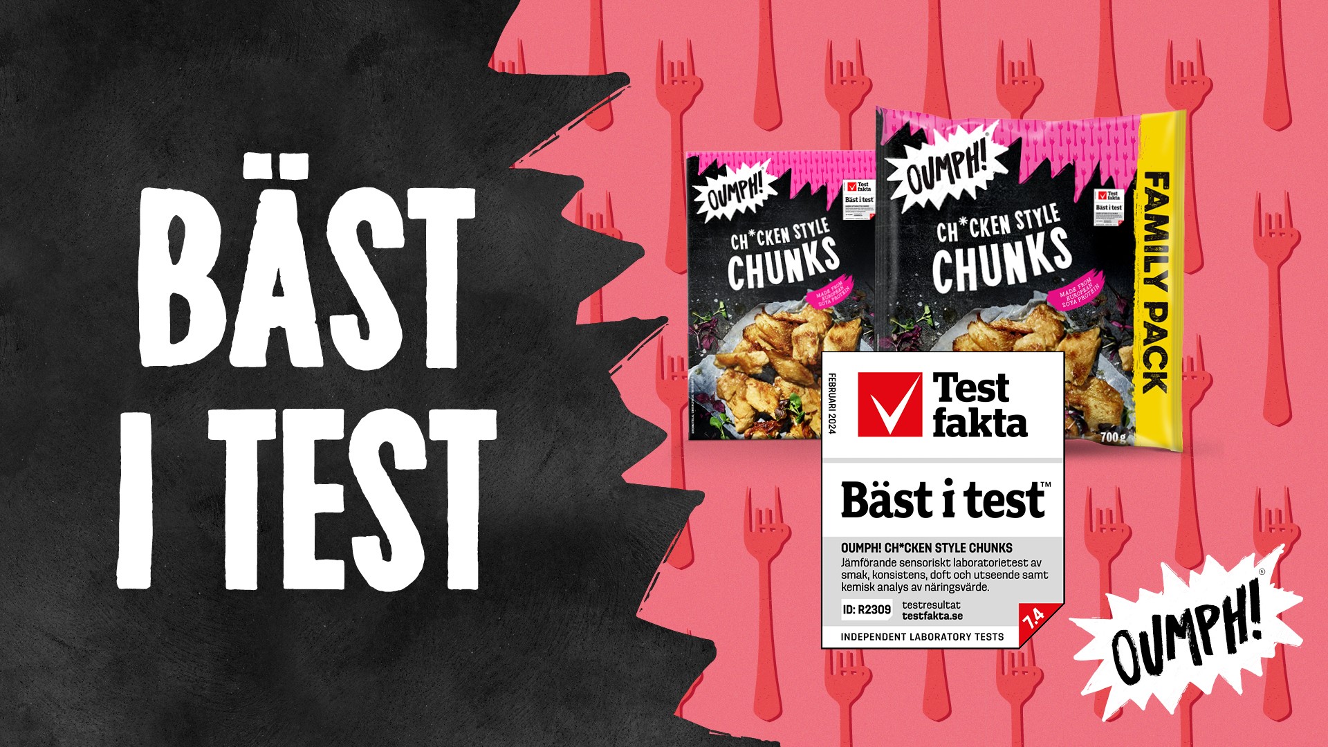 En poster där det står "bäst i test" men två produkter från veganska märket Oumph!