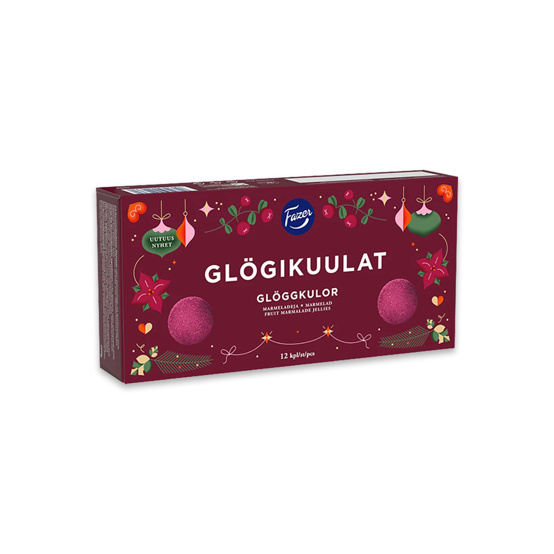Paket med marmeladkulor mot en vit bakgrund