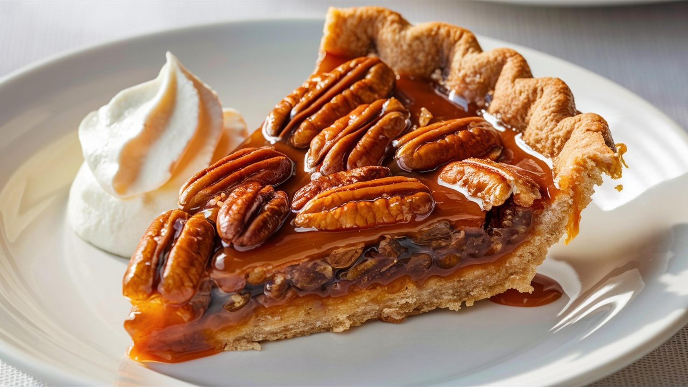 Pecan Pie: En söt och nötig efterrätt gjord med en rik fyllning av pekannötter, farinsocker och ägg, alla inbäddade i en flagig skorpa, vilket gör en perfekt semester godbit.