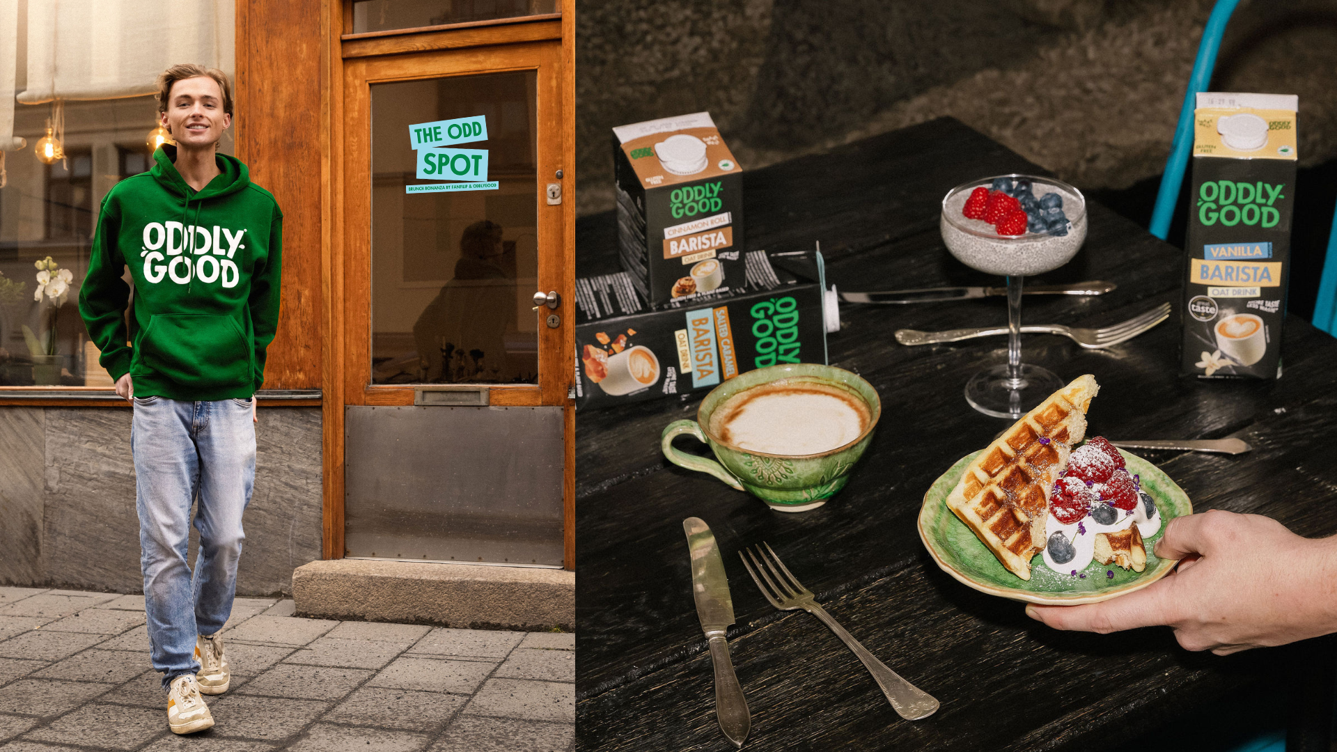 en man i en grön luvtröja framför en port, samt en bild på ett brunchbord