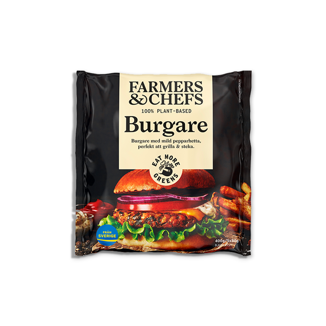 En förpackning hamburgare mot en vit bakgrund