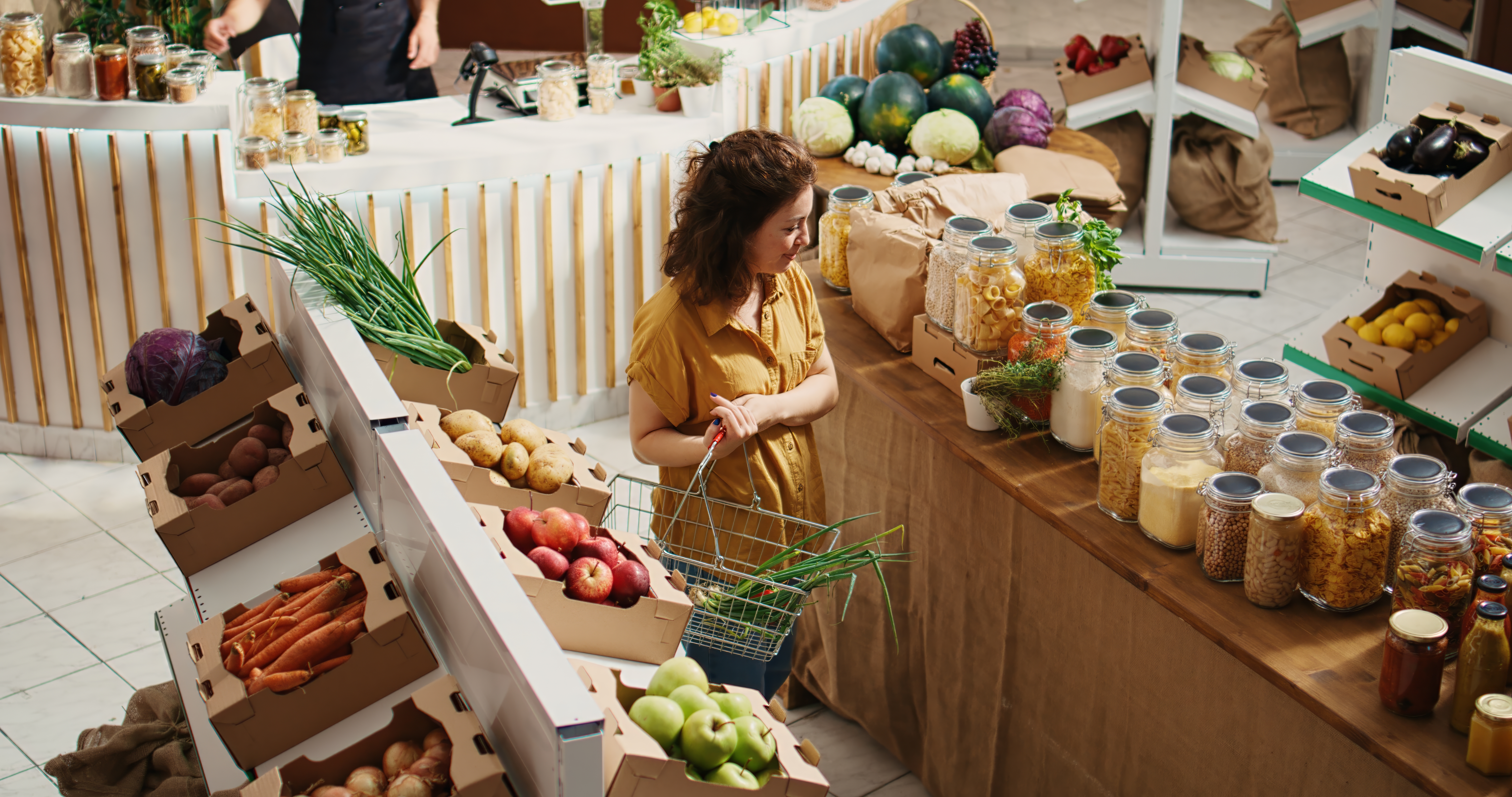 Zero waste store customer roaming around aisles adding healthy natural pantry staples to shopping basket, aerial drone shot. Local grocery shop client buying preservatives free bulk food items
