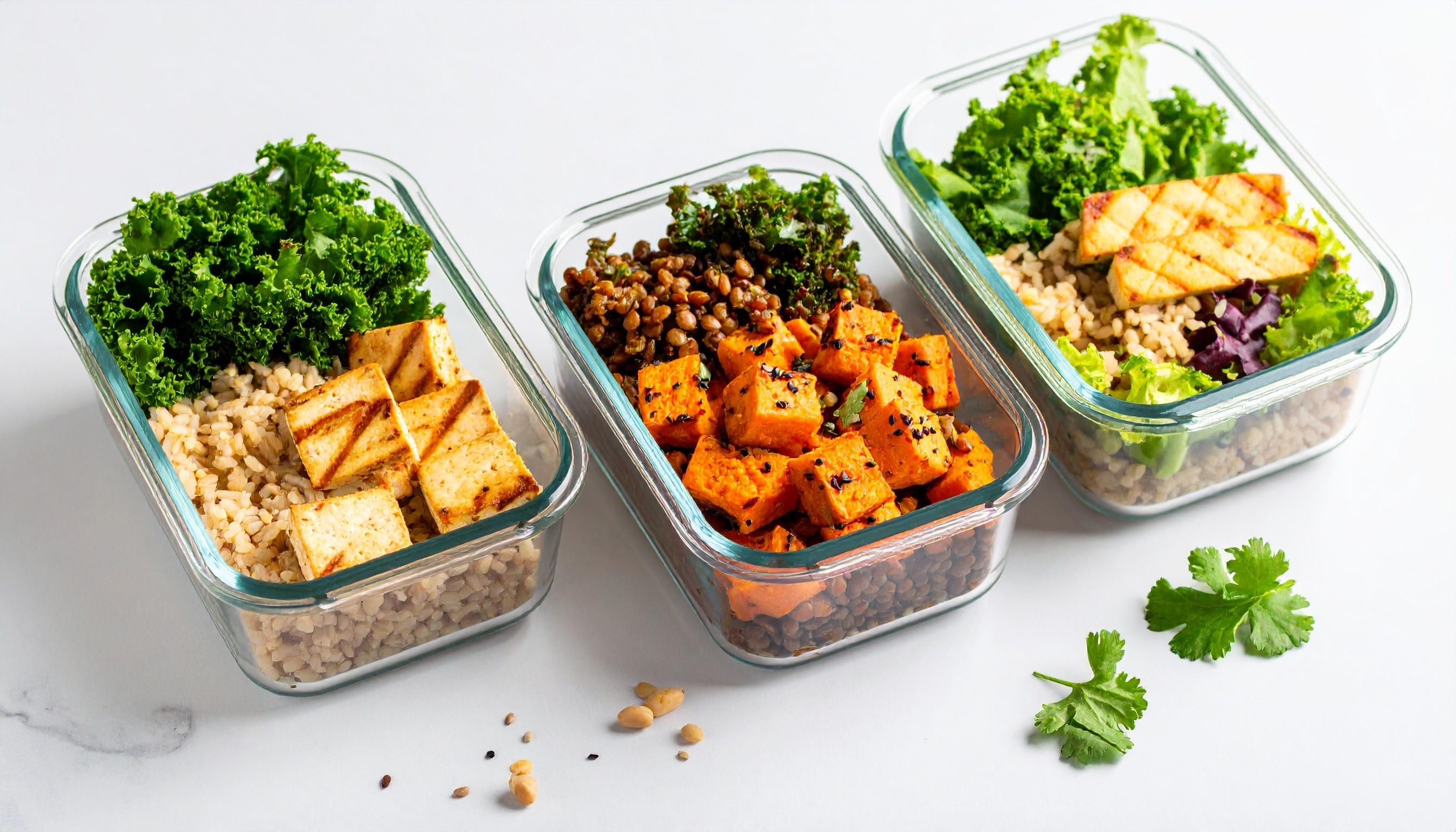 Tre klara glasmåltidsbehållare innehåller nyttiga veganska luncher med råris, grillad tofu, linser, rostad sötpotatis och färska grönsaker.