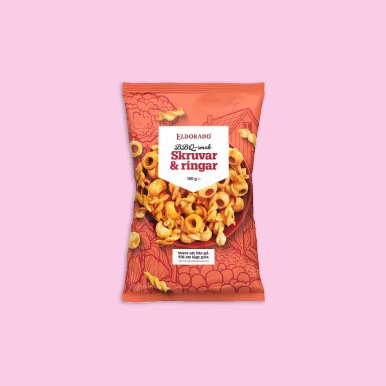 en påse chips mot en ljusrosa bakgrund