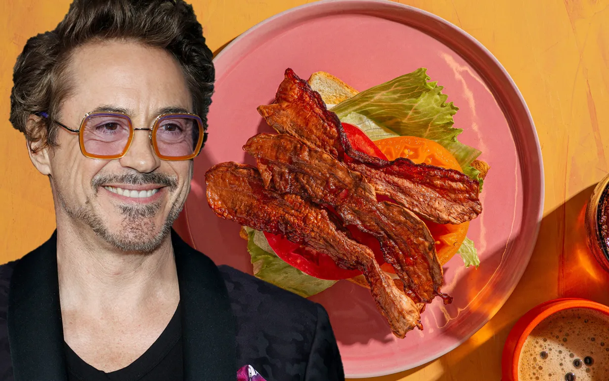 robert downey jr vegansk bacon på rosa tallrik