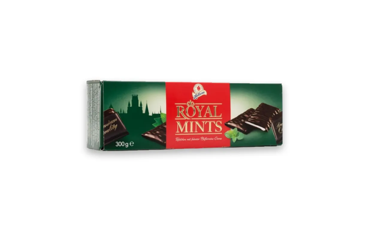 Veganska after eight liknande chokladbitar i en box mot en vit bakgrund