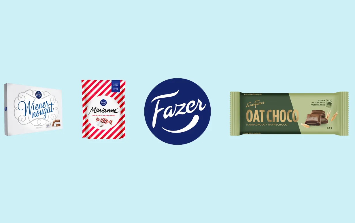 Fazers olika veganska chokladprodukter uppradade mot en ljusblå bakgrund