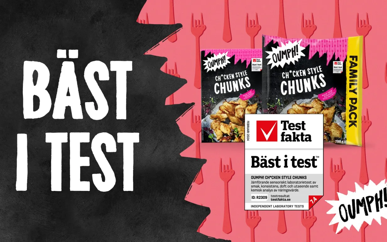 En poster där det står "bäst i test" men två produkter från veganska märket Oumph!