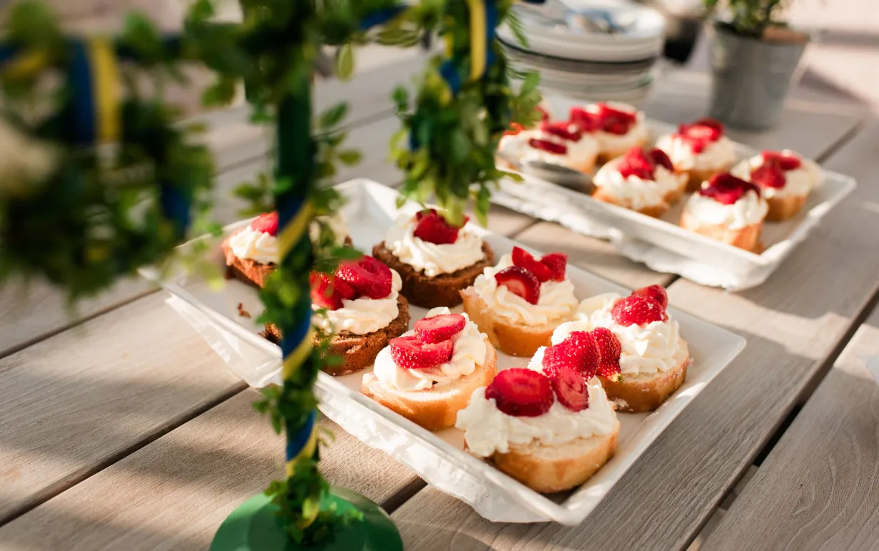 party food at a swedish midsommar party celebrating midsummer