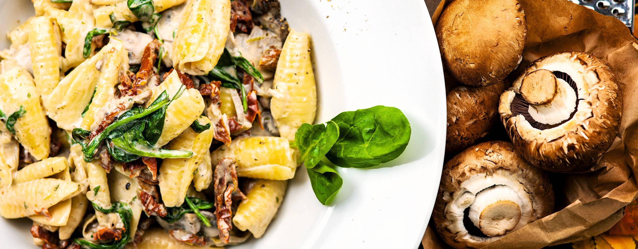 Gräddig pasta på vit tallrik, det ligger champinjoner intill tallriken