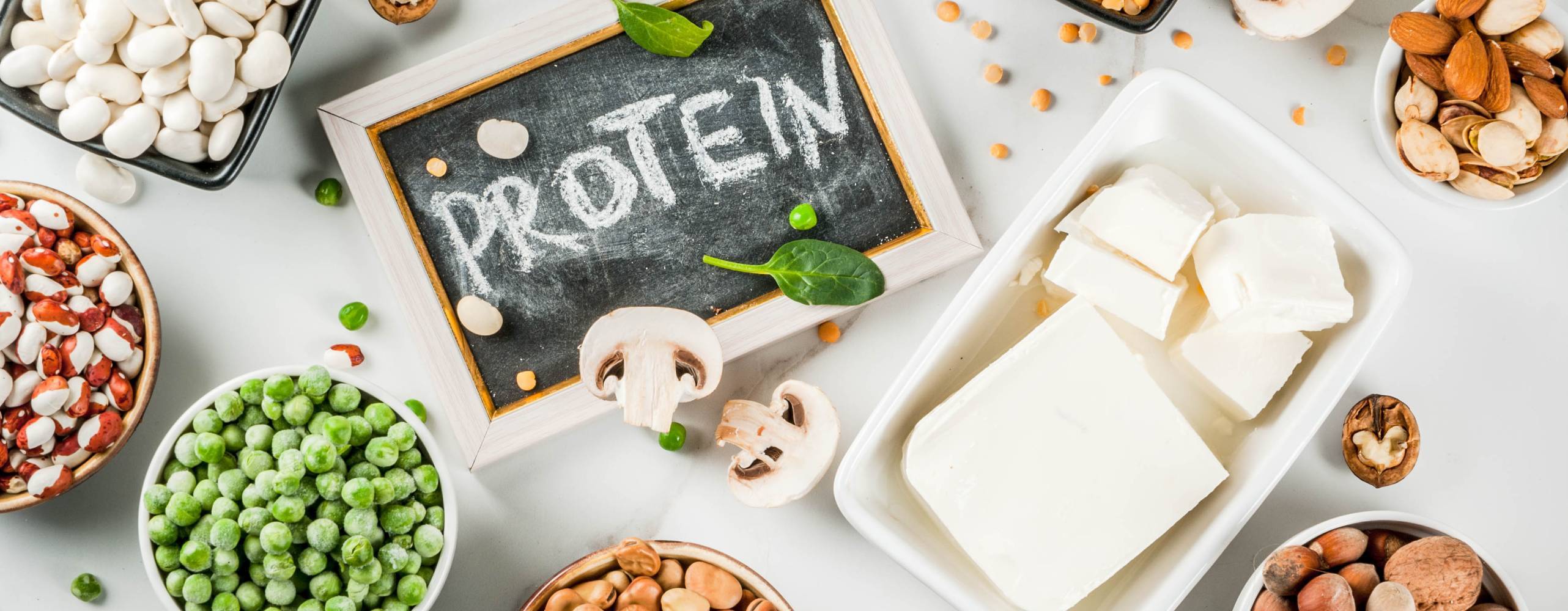 Tavla med texten protein omringad av flera skålar med olika baljväxter