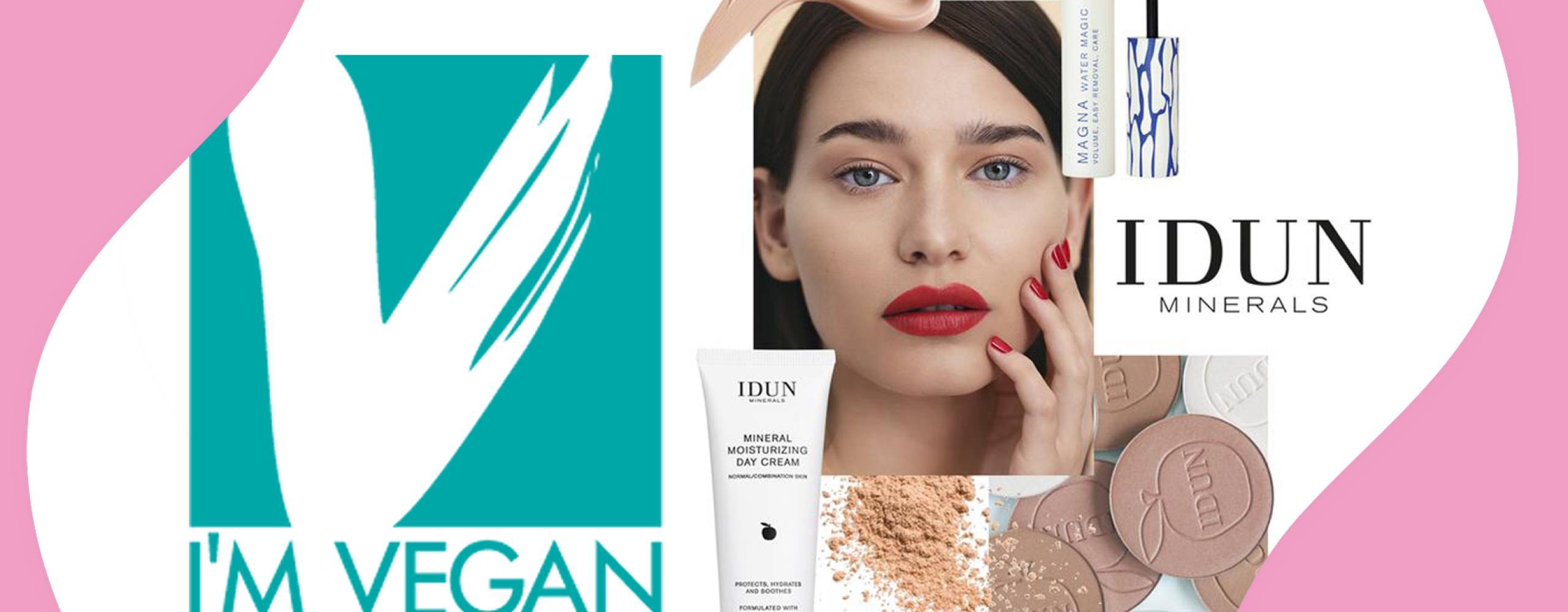 Djurens Rätts I'M VEGAN-logga samt ett collage med sminkbilder från IDUN minerals