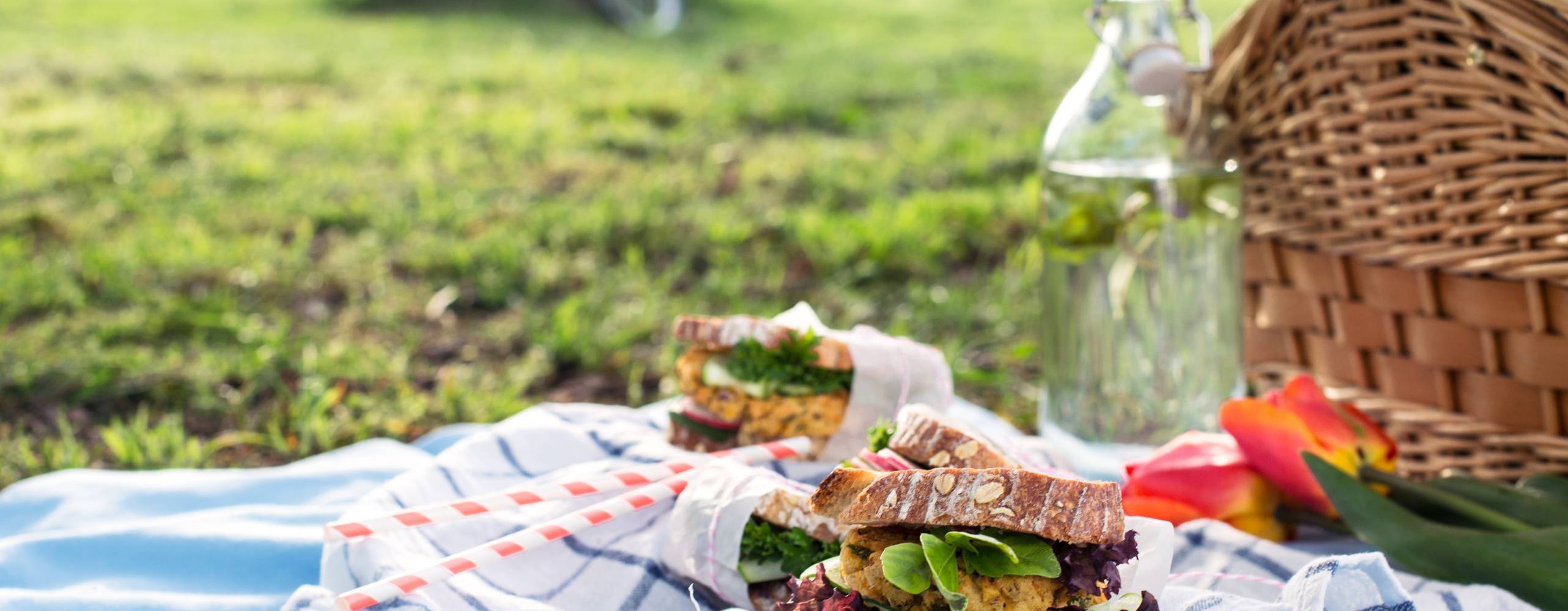 Vegansk macka på picknickfilt med picknickkorg i bakgrunden.