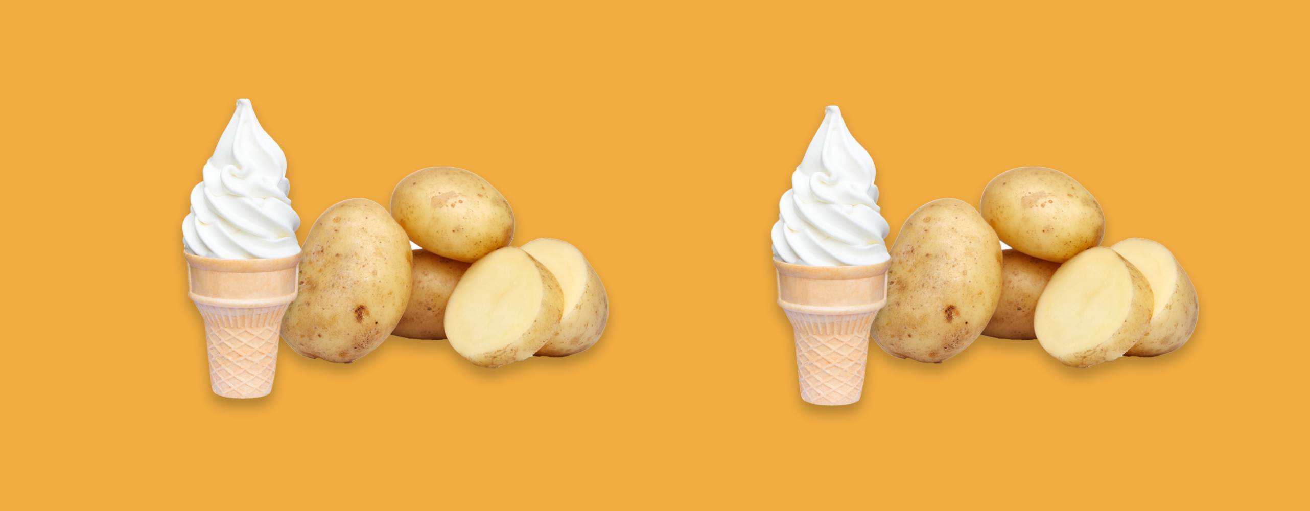 Mjukglass i rån och rå potatis uppradade mot en gul bakgrund.